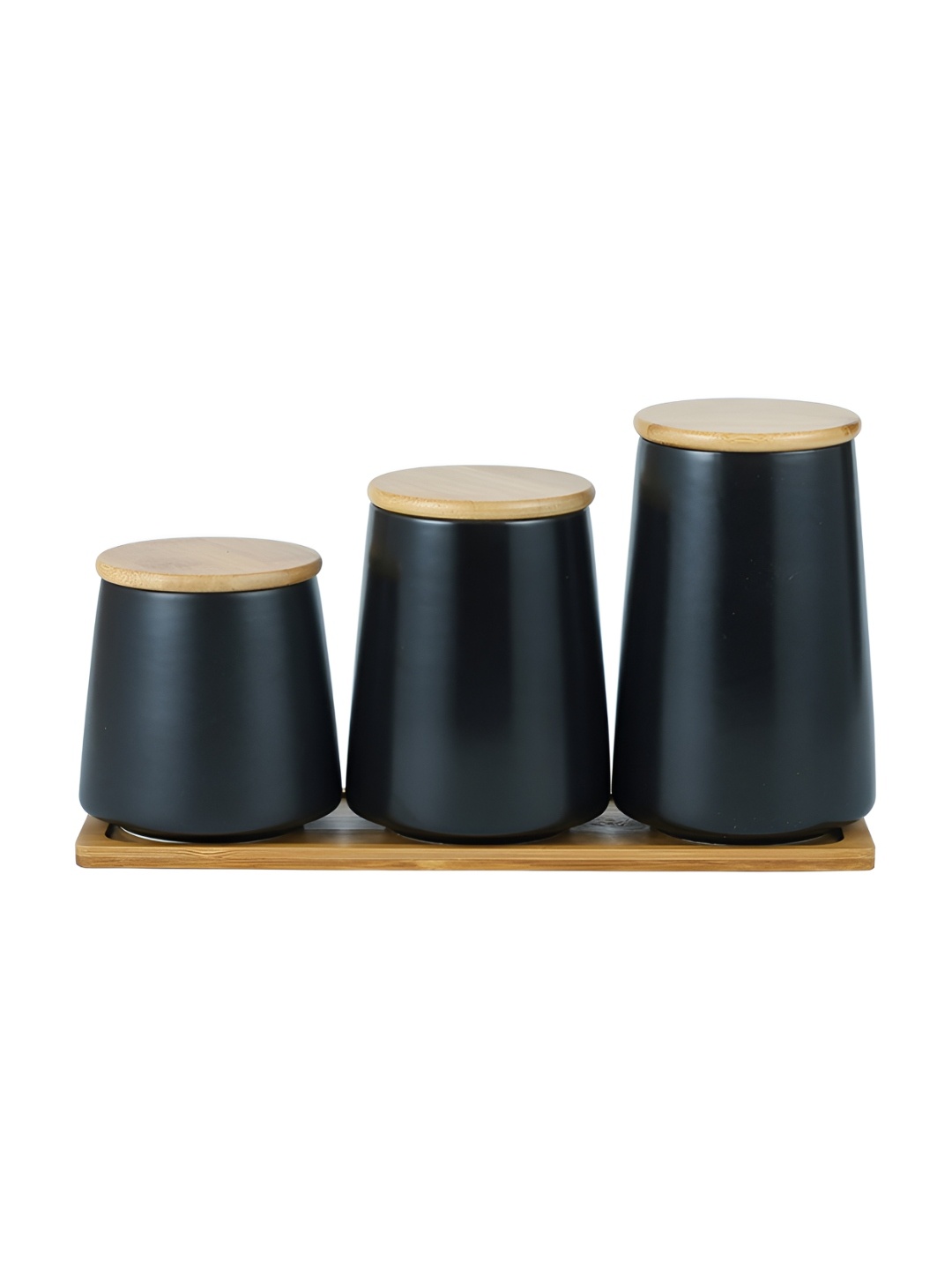 

USHA SHRIRAM 3 Pieces Black Ceramic Jars with Bamboo Lid