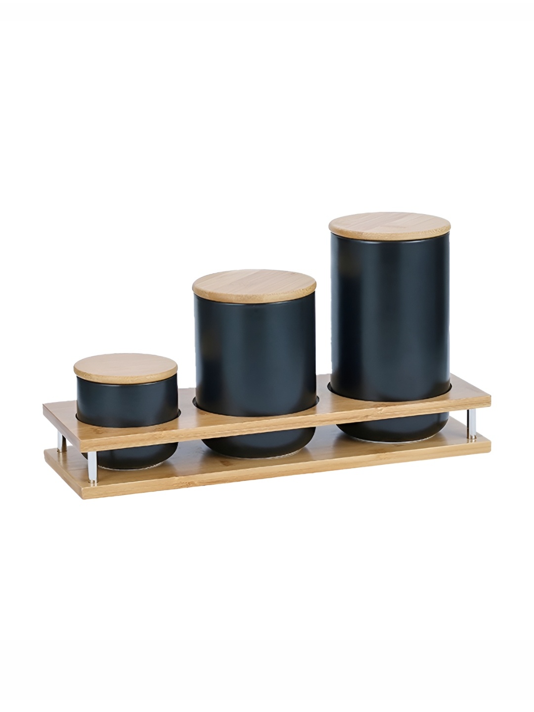 

USHA SHRIRAM 3 Pieces Black Ceramic Jars with Bamboo Lid & Tray