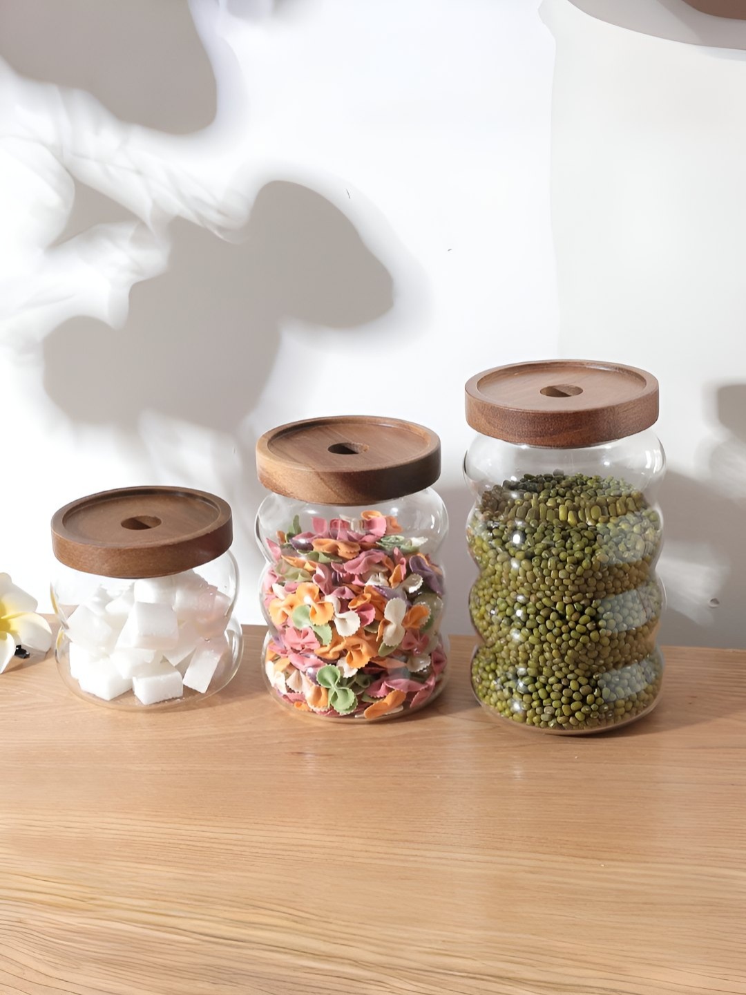 

USHA SHRIRAM Transparent & Brown 3 Pieces Dishwasher Safe Jars with Bamboo Lids