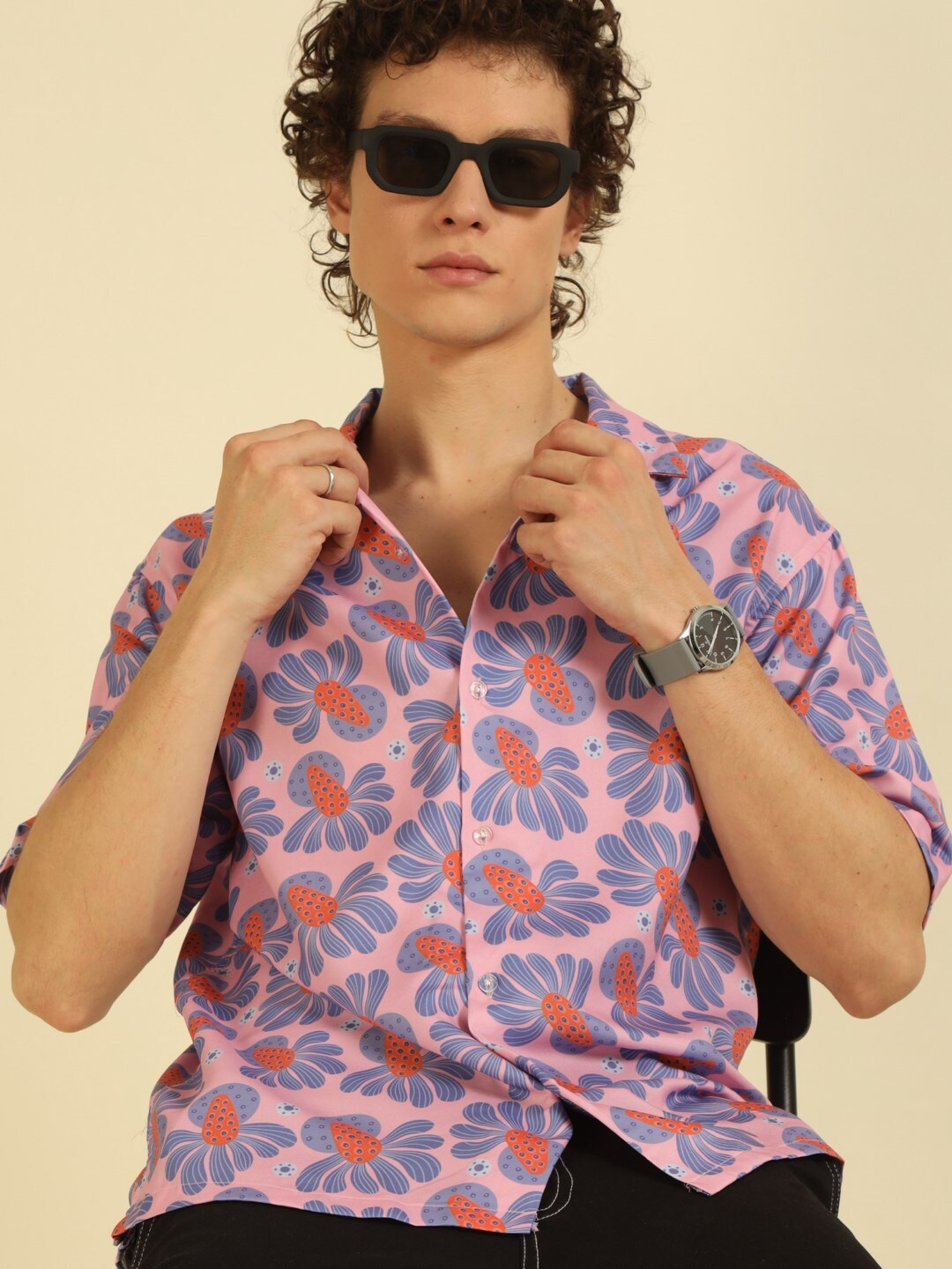 

recast Comfort Floral Printed Cuban Collar Oversized Casual Shirt, Purple