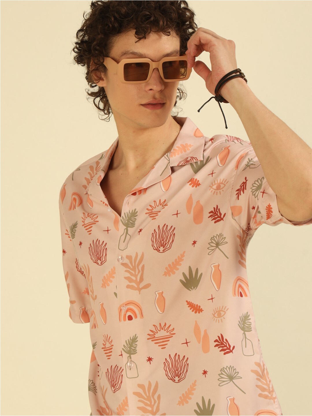 

recast Comfort Floral Printed Cuban Collar Oversized Casual Shirt, Brown