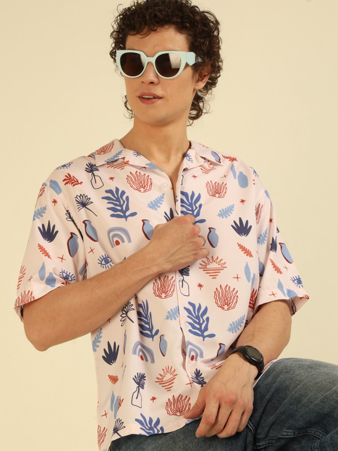 

recast Comfort Conversational Printed Casual Oversized Shirt, Cream