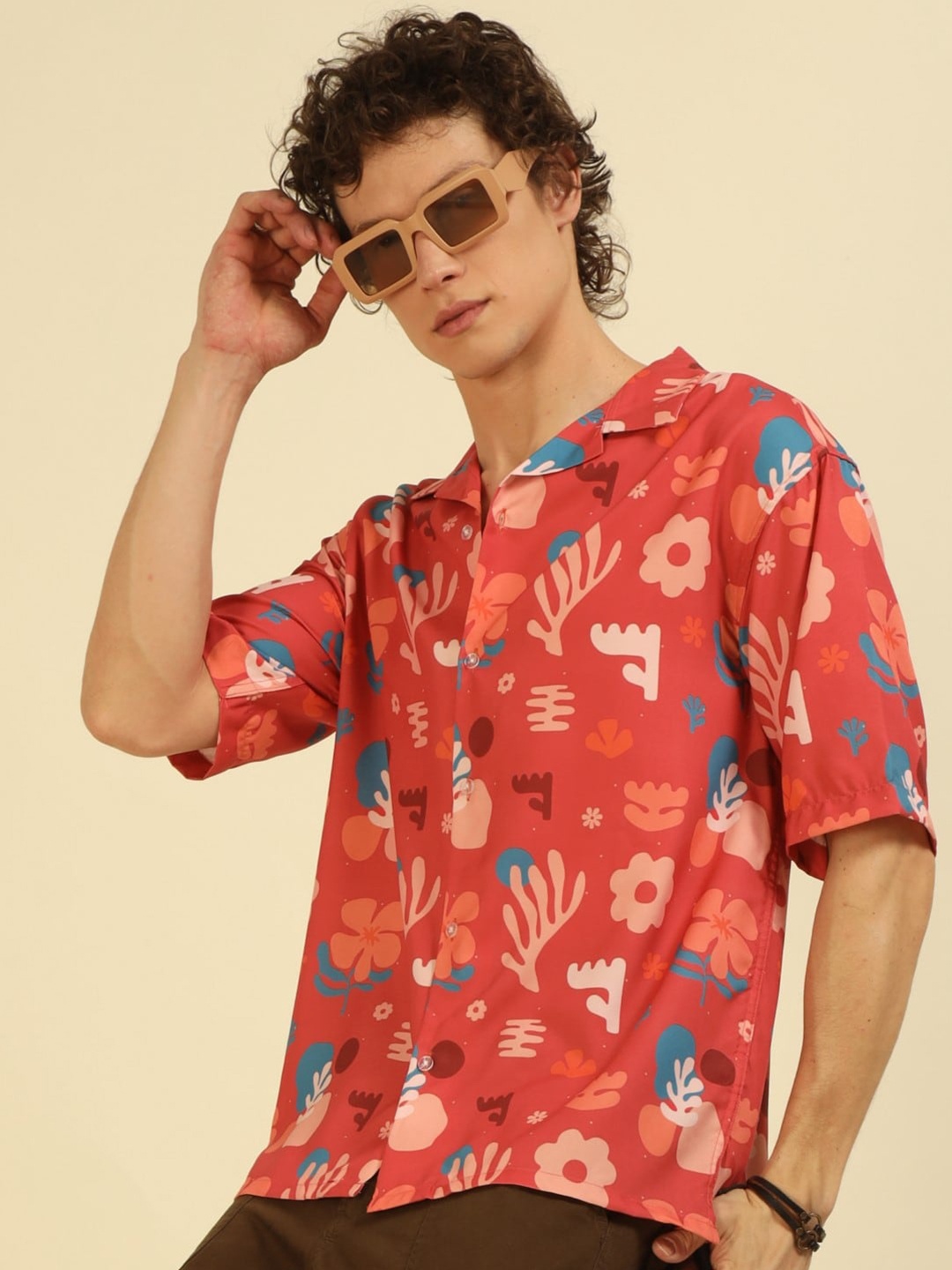 recast Comfort Floral Printed Cuban Collar Oversized Casual Shirt, Red