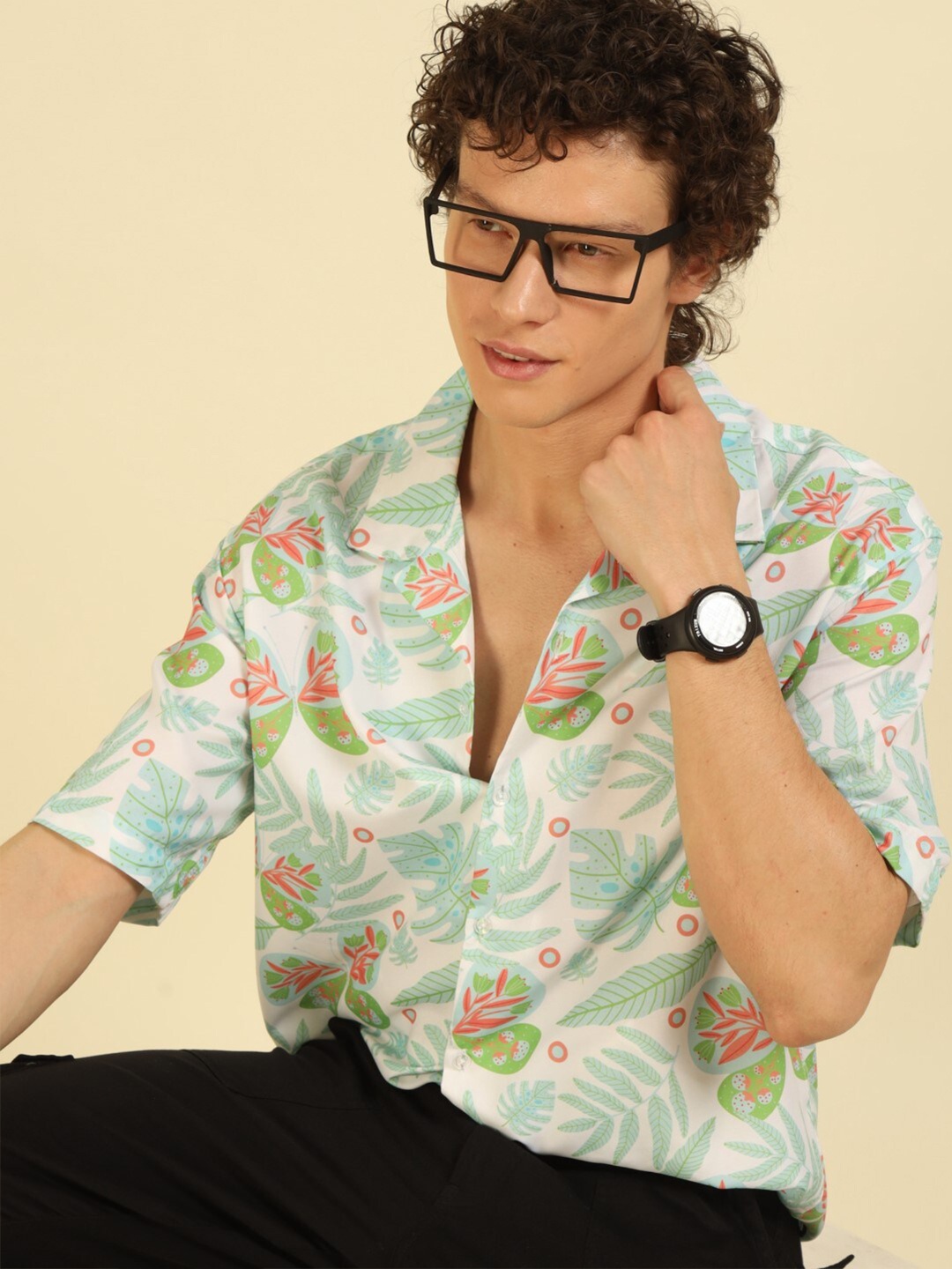 

recast Comfort Floral Printed Cuban Collar Oversized Casual Shirt, Blue