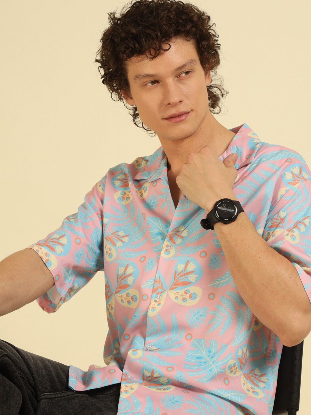 

recast Comfort Floral Printed Cuban Collar Oversized Casual Shirt, Blue