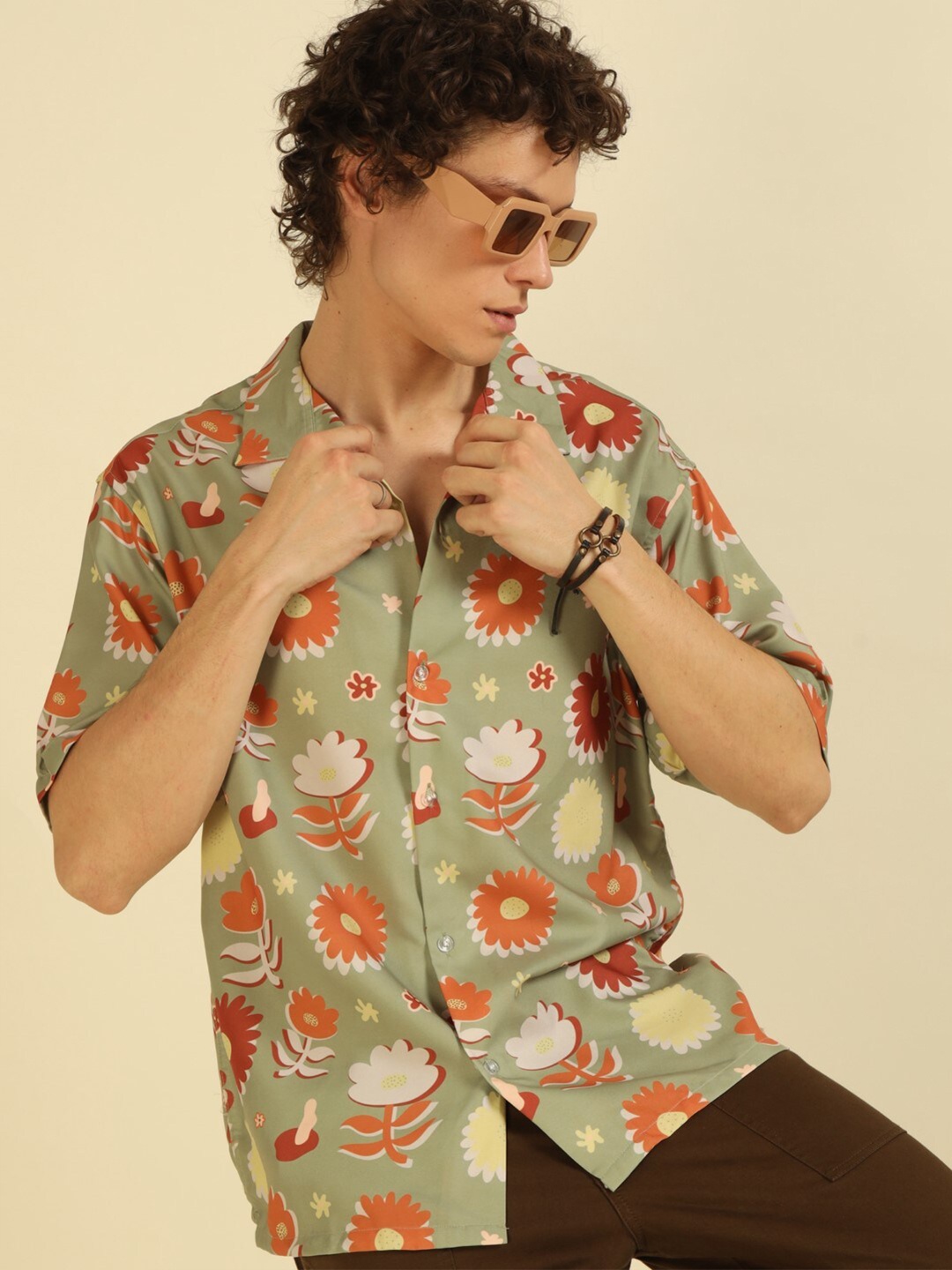 

recast Comfort Floral Printed Cuban Collar Oversized Casual Shirt, Olive