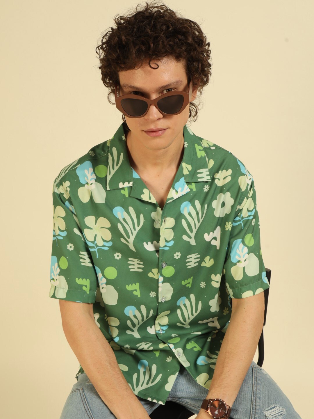 recast Comfort Floral Printed Casual Oversized Shirt, Green