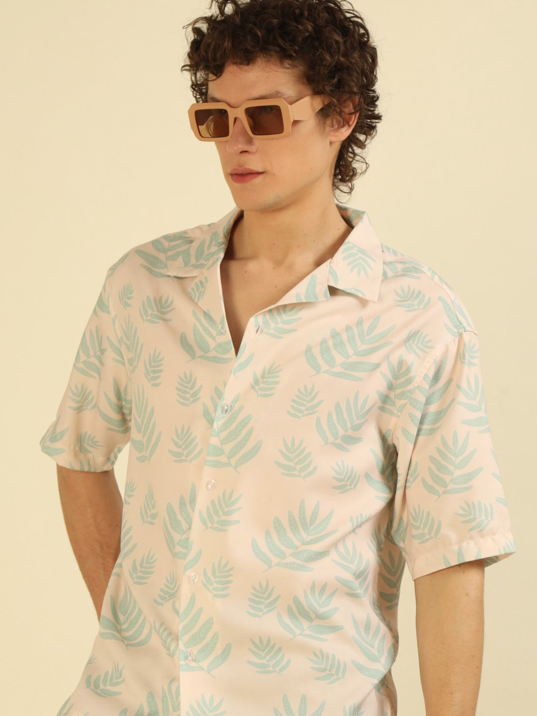 

recast Floral Printed Comfort Opaque Oversized Shirt, Beige