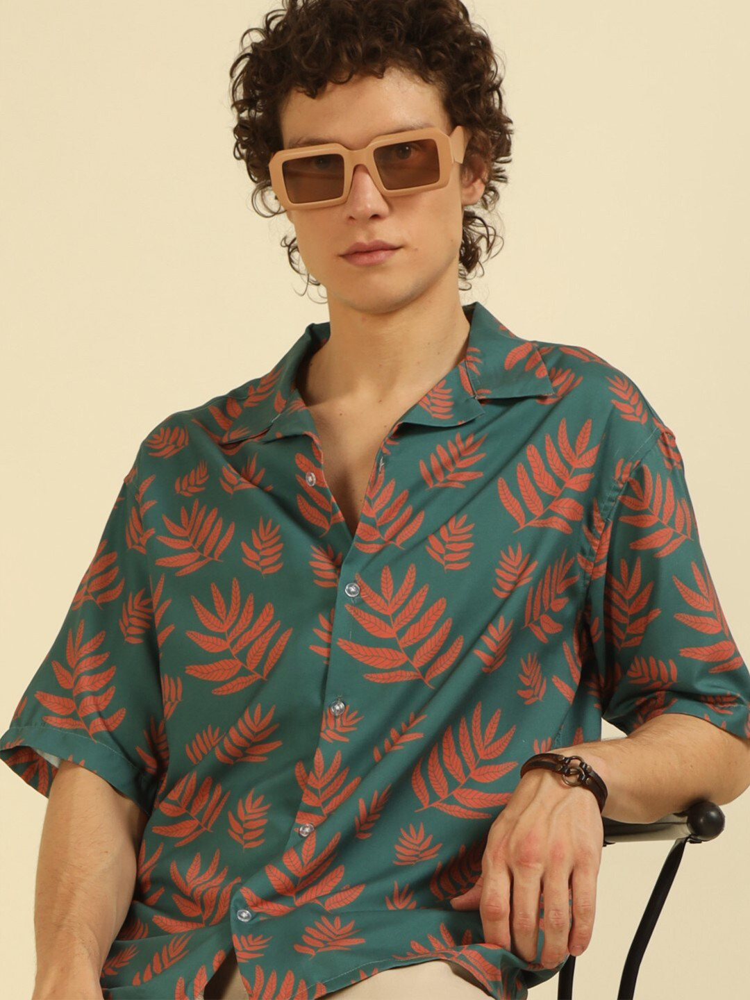 

recast Floral Printed Comfort Opaque Oversized Shirt, Green