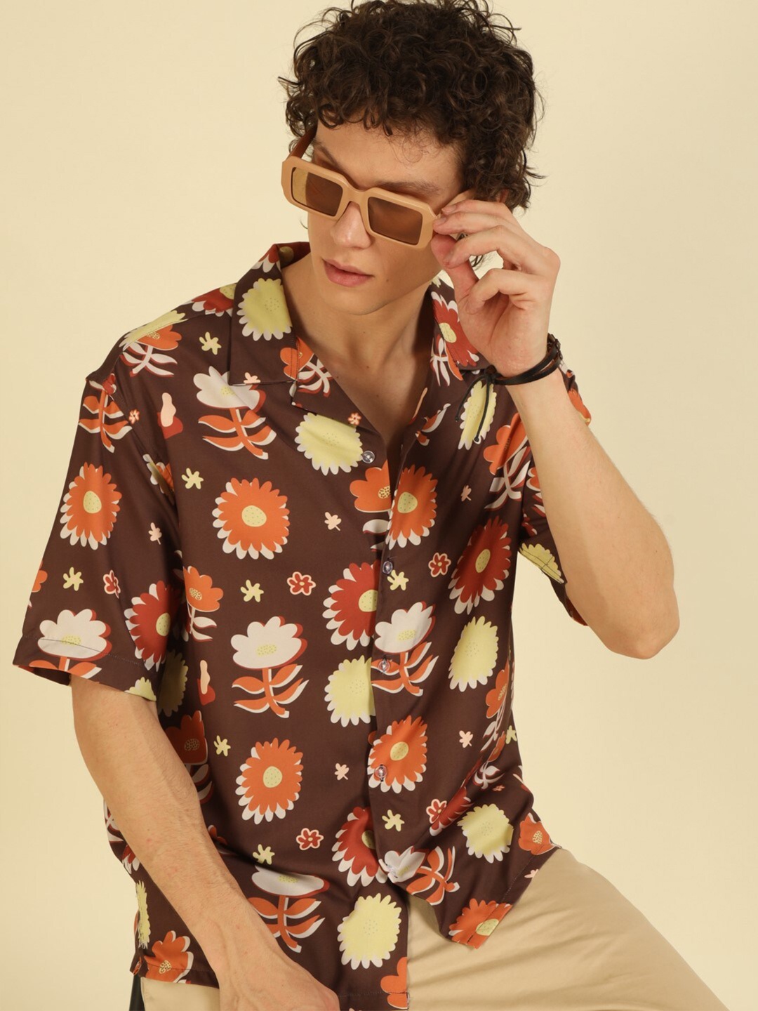recast Floral Printed Comfort Opaque Oversized Shirt, Brown