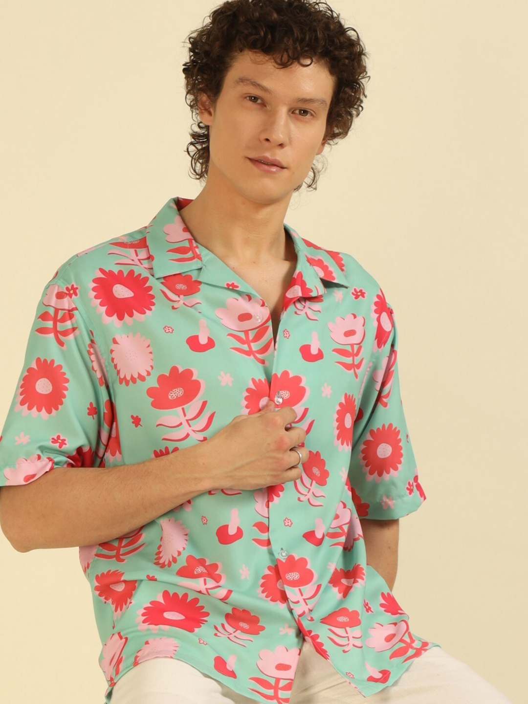 

recast Comfort Floral Printed Casual Oversized Shirt, Lime green