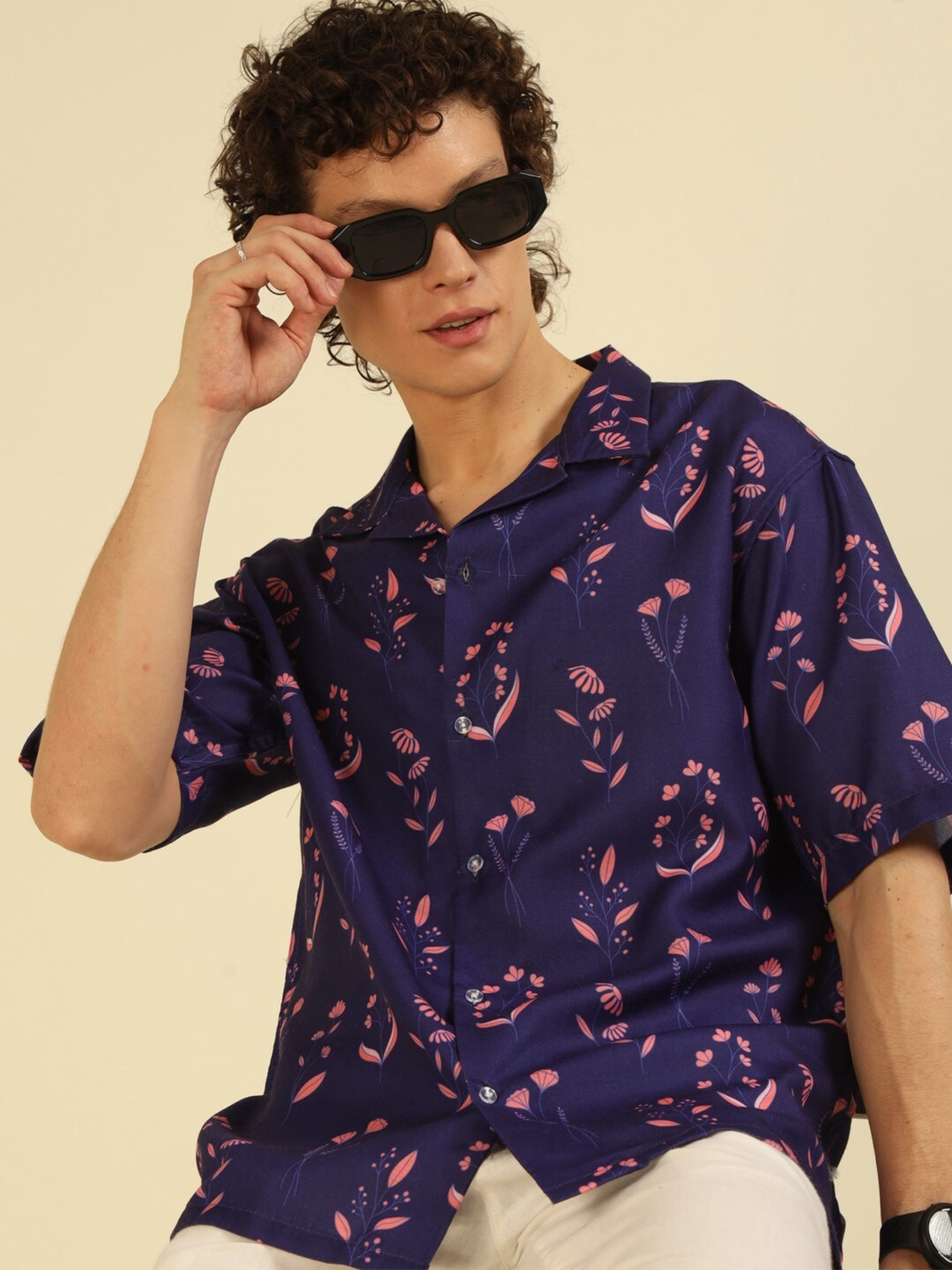 

recast Floral Printed Comfort Opaque Oversized Shirt, Navy blue