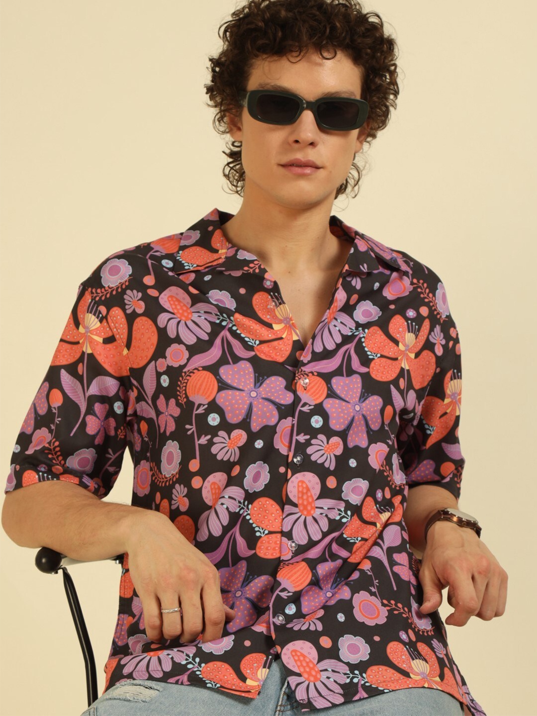 recast Floral Printed Comfort Opaque Oversized Shirt, Black