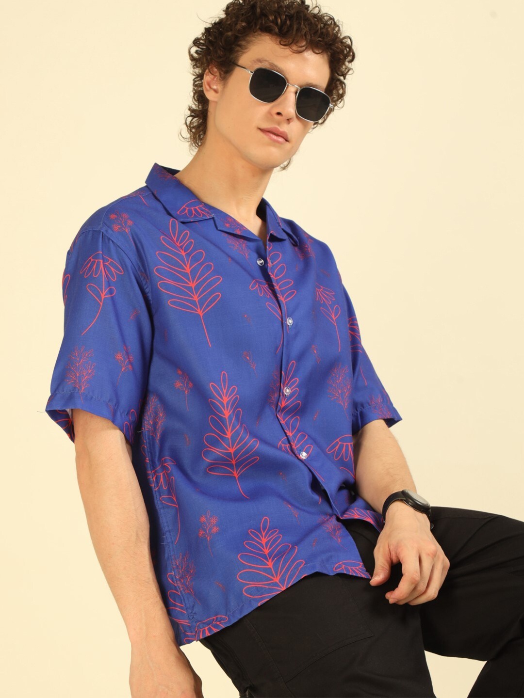 

recast Floral Printed Comfort Opaque Oversized Shirt, Blue