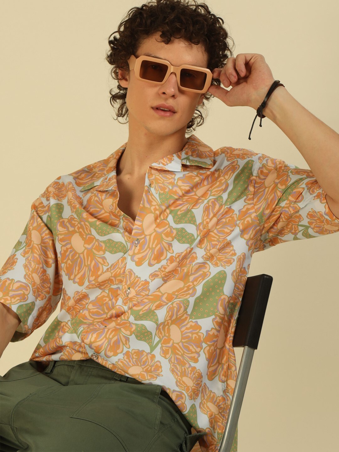 

recast Floral Printed Comfort Opaque Oversized Shirt, Brown