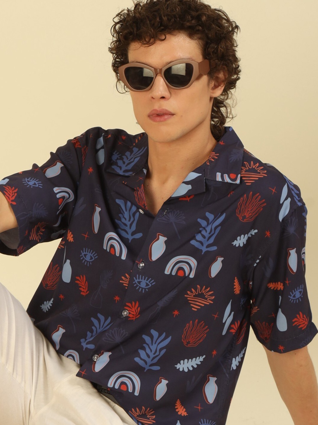 

recast Comfort Floral Printed Casual Oversized Shirt, Navy blue