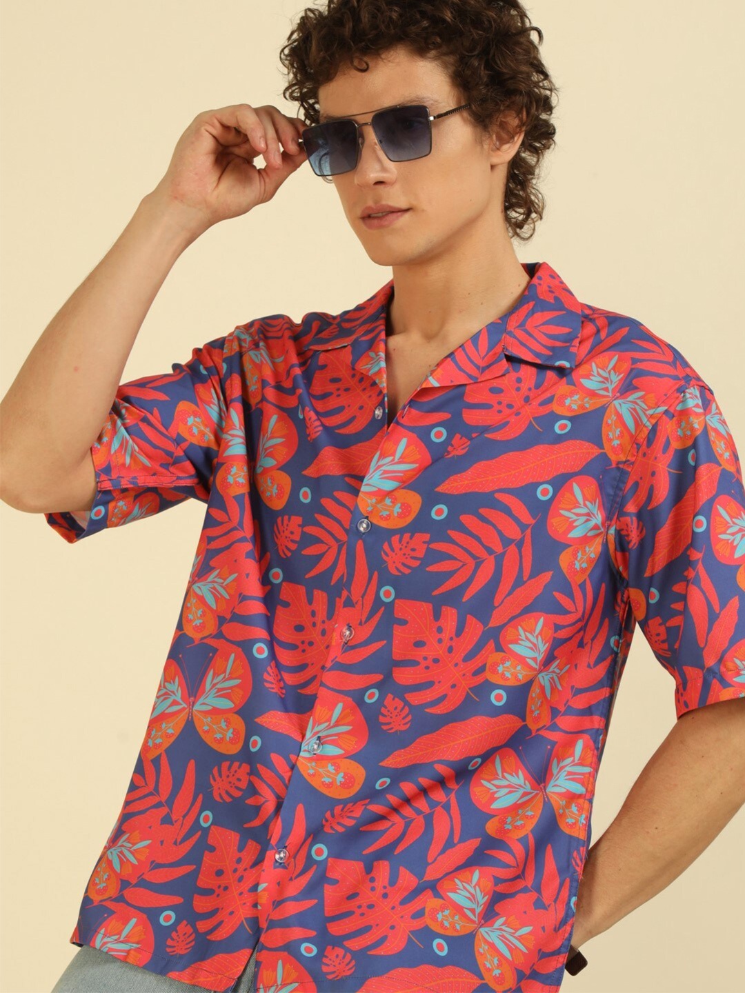 recast Floral Printed Comfort Opaque Oversized Shirt, Red