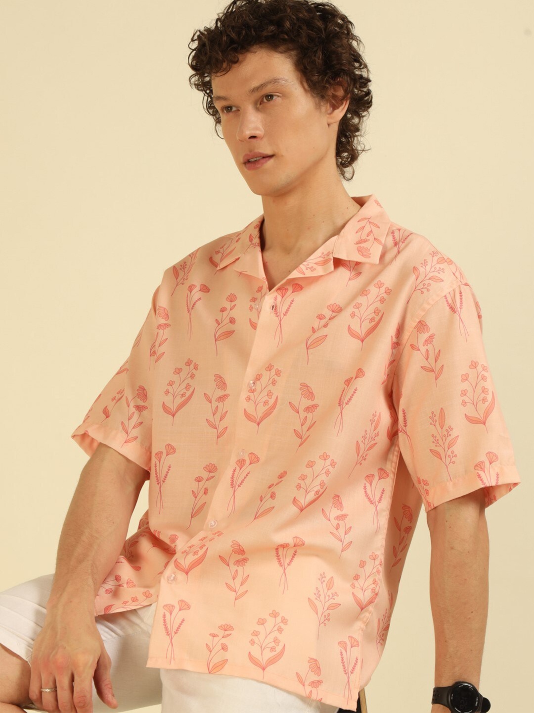 recast Floral Printed Comfort Opaque Oversized Shirt, Peach