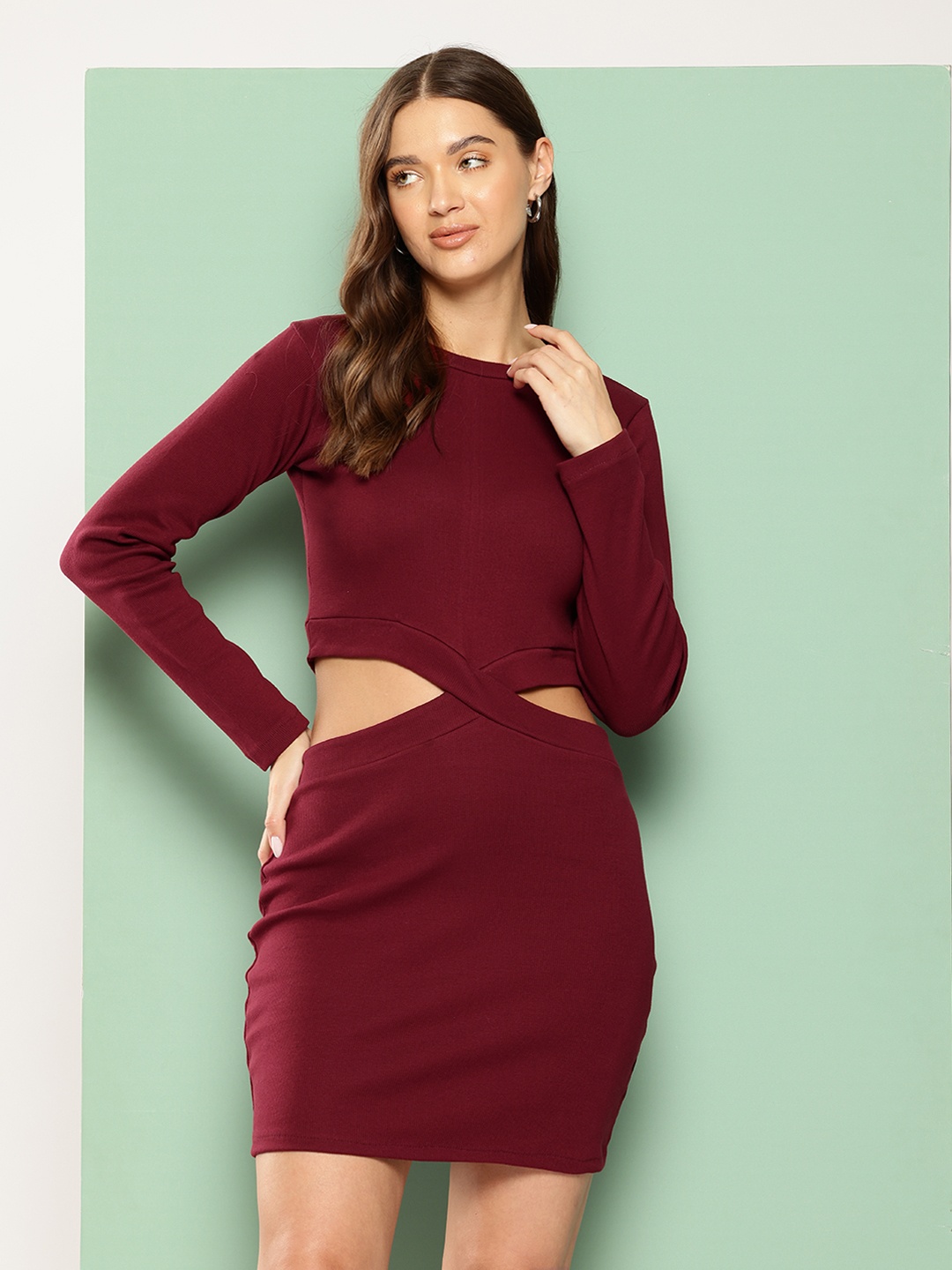 

BROOWL Solid Cut-Outs Detail Bodycon Mini Dress, Maroon