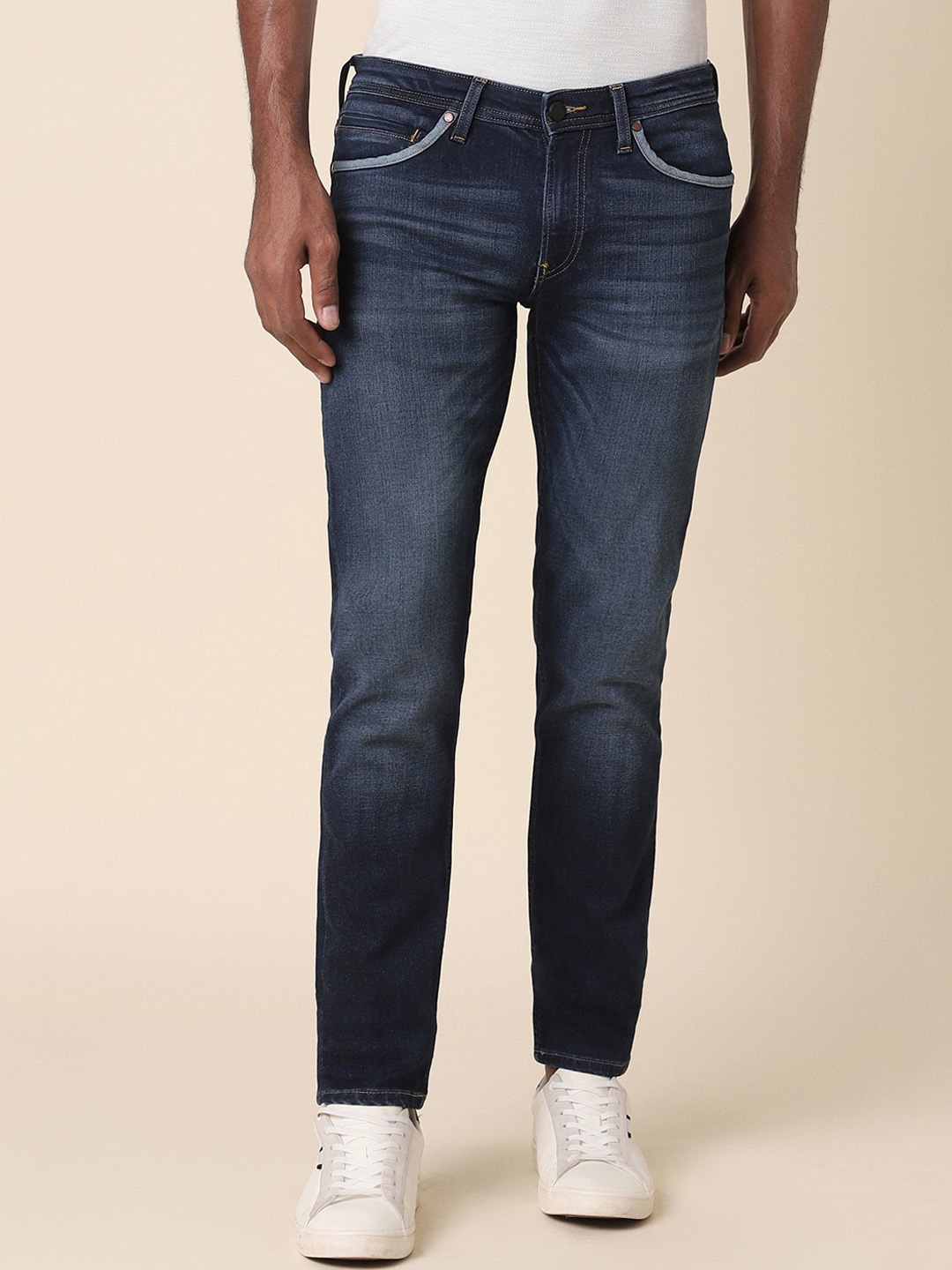 

Allen Solly Men Clean Look Dark Shade Light Fade Mid-Rise Skinny Fit Non Stretchable Jeans, Navy blue
