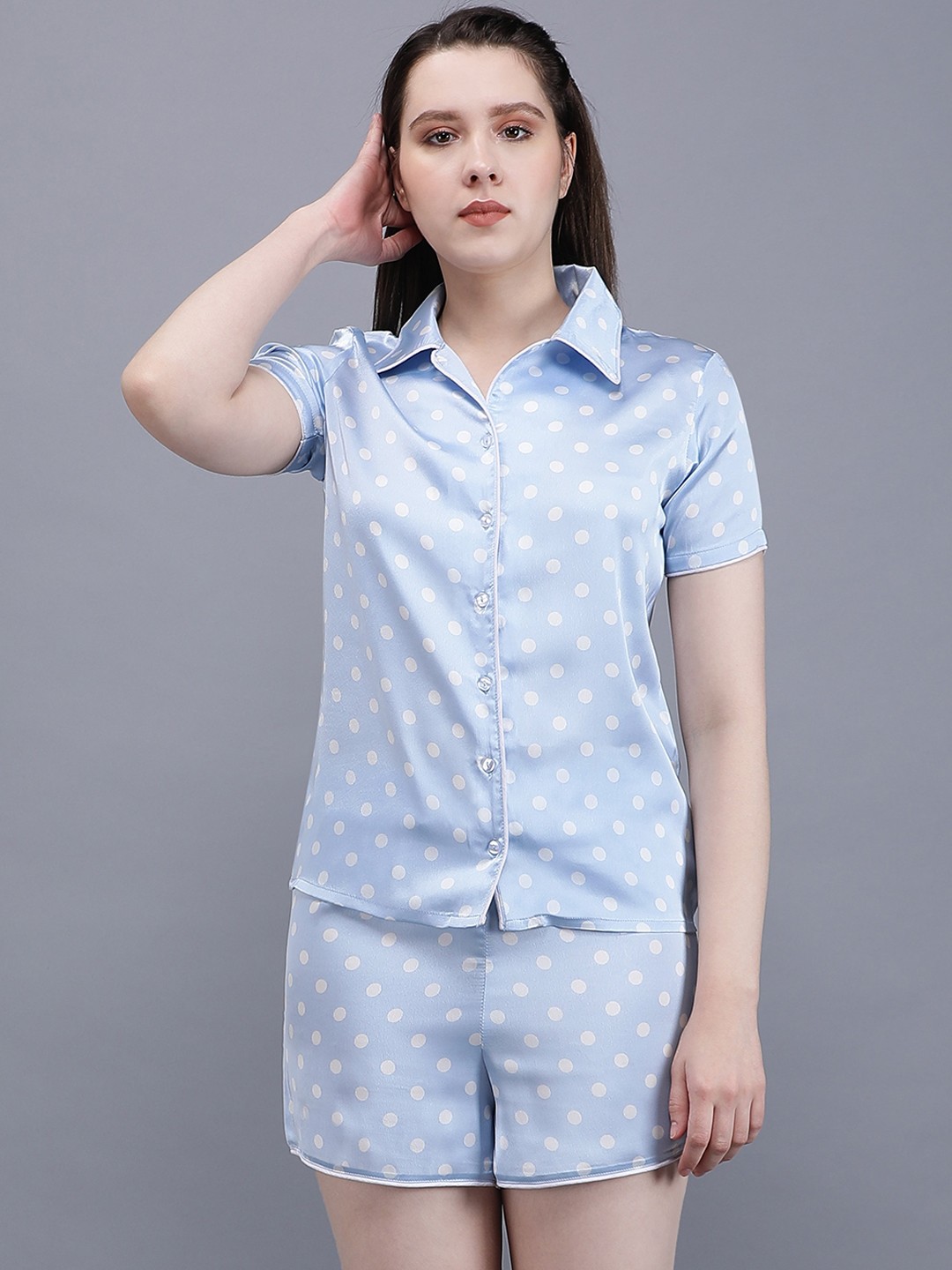 

WAYLENE Printed Satin Night suit, Blue