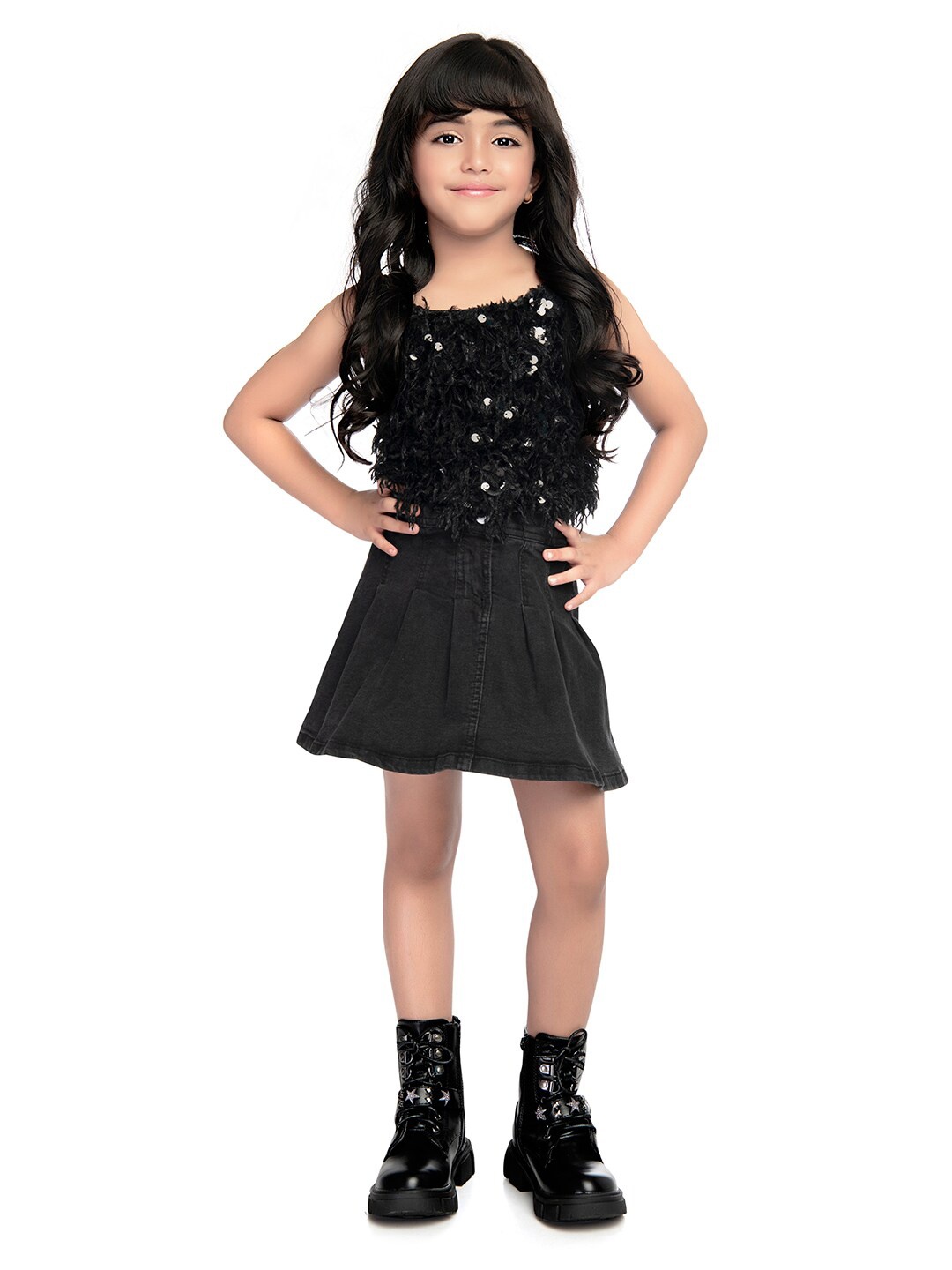 

Tiny Kingdom Girls Embellished Shoulder Straps Sequined Top, Black