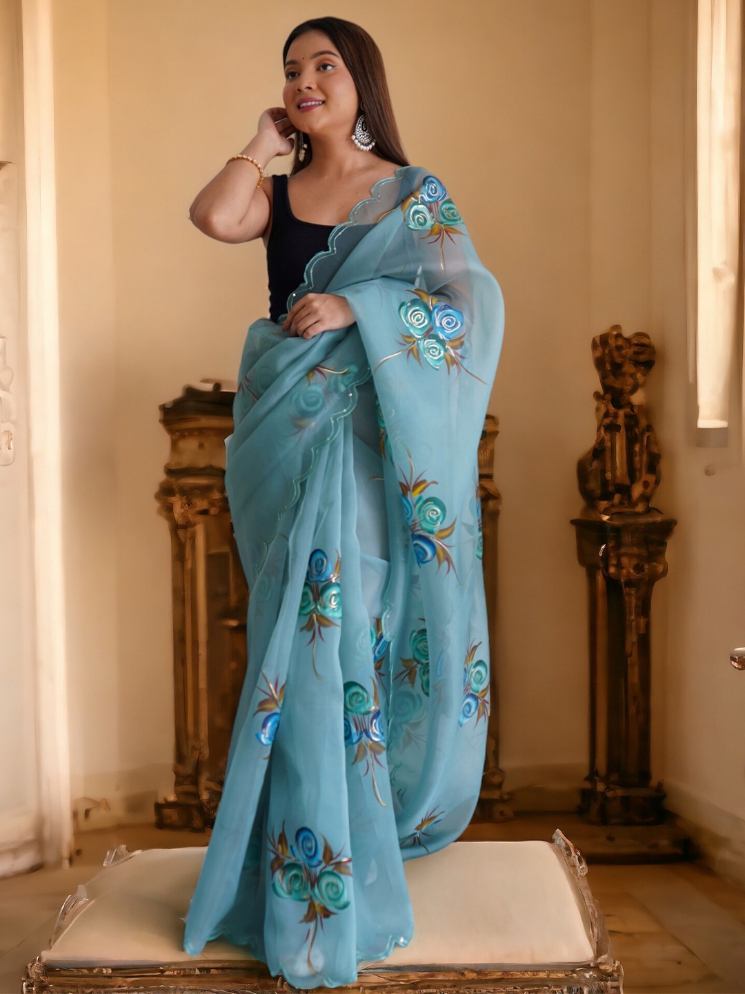 

Vastrasky Global Floral Embroidered Organza Saree, Blue