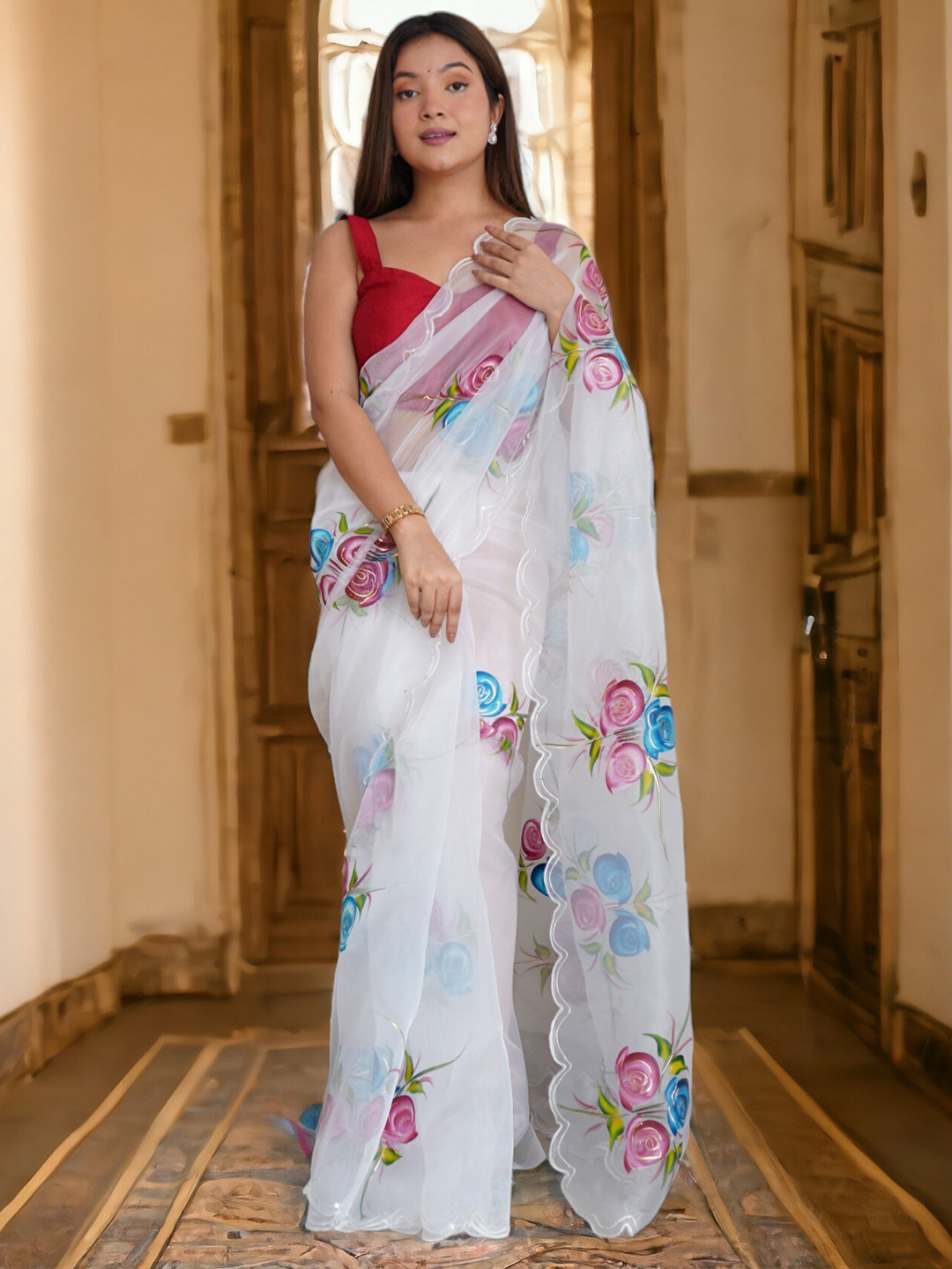 

Vastrasky Global Ethnic Motifs Embroidered Organza Saree, White