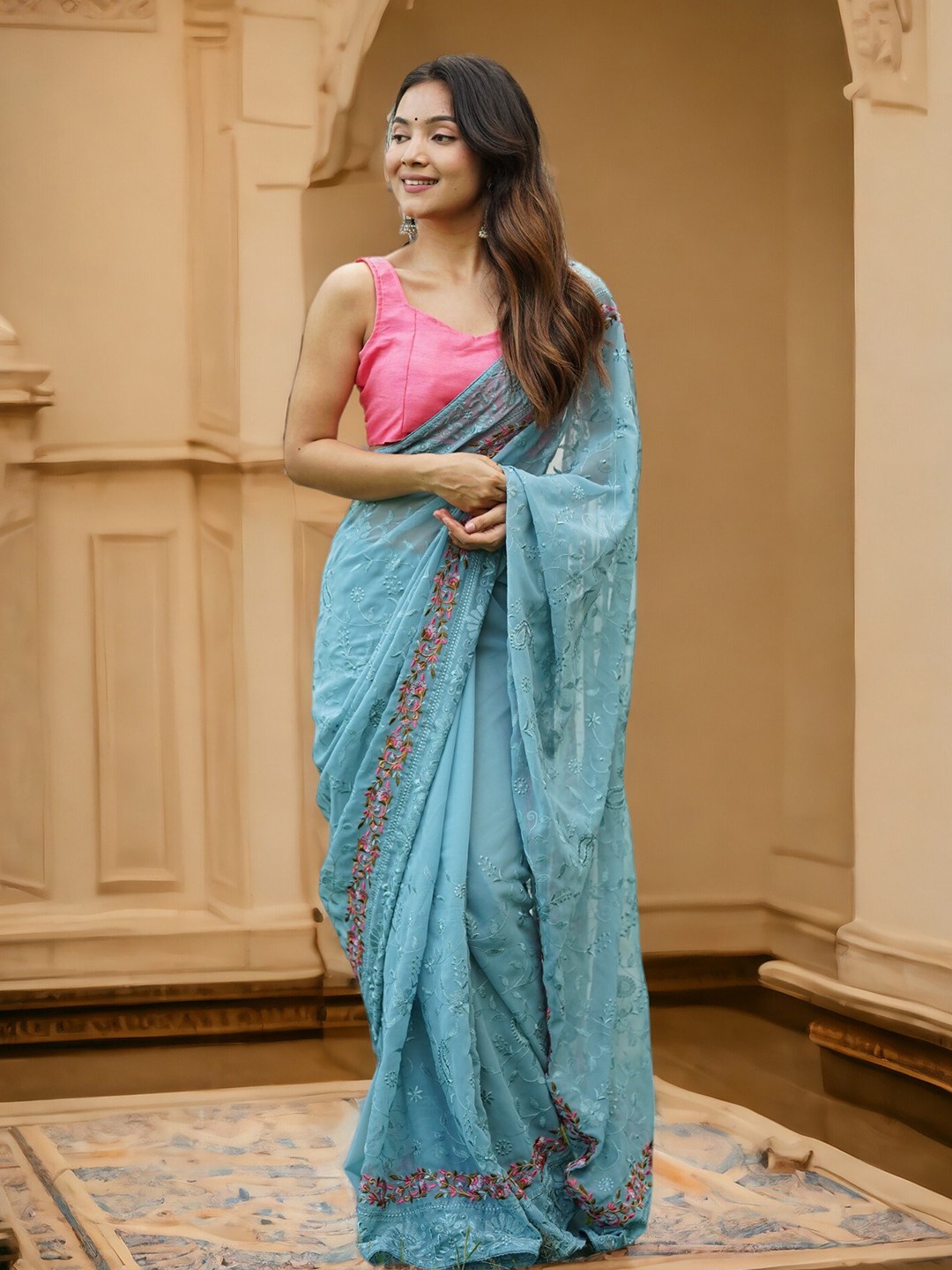 

Vastrasky Global Ethnic Motifs Embroidered Organza Saree, Blue