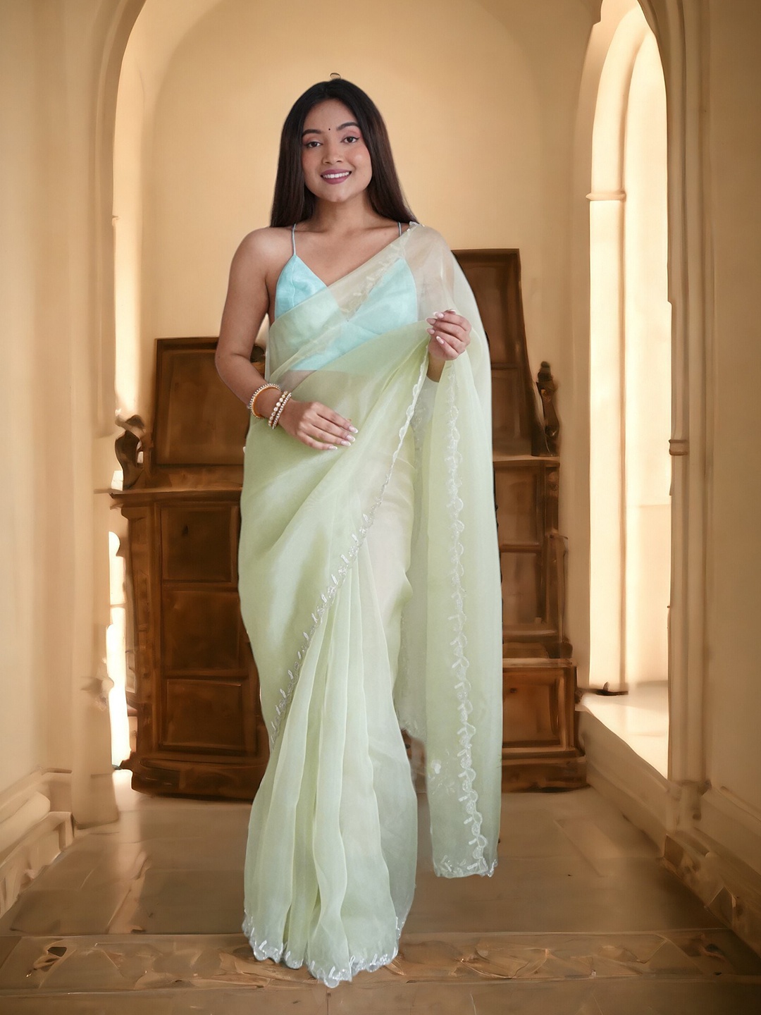 

Vastrasky Global Embroidered Organza Saree, Green