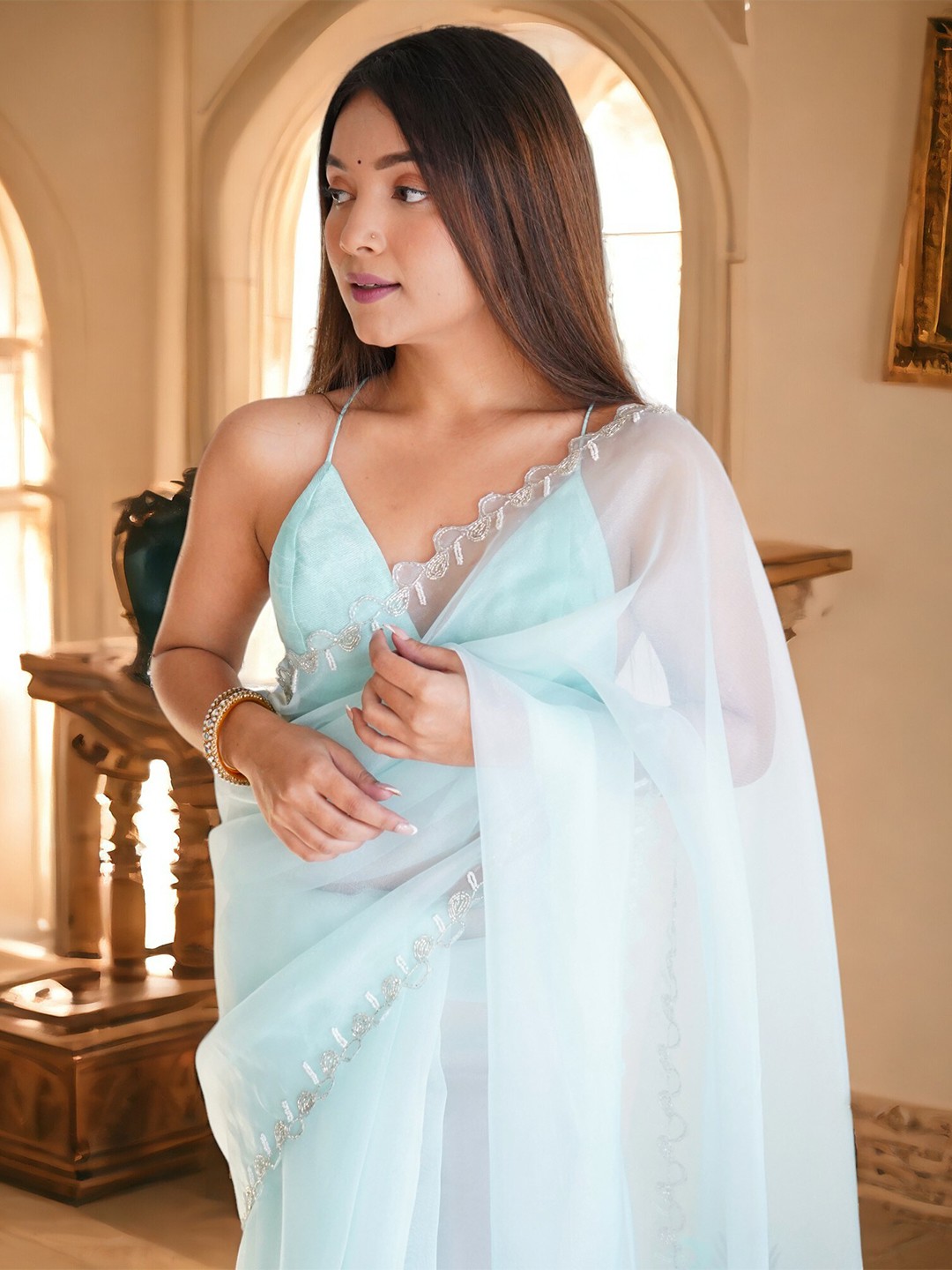 

Vastrasky Global Embroidered Organza Designer Saree, Blue