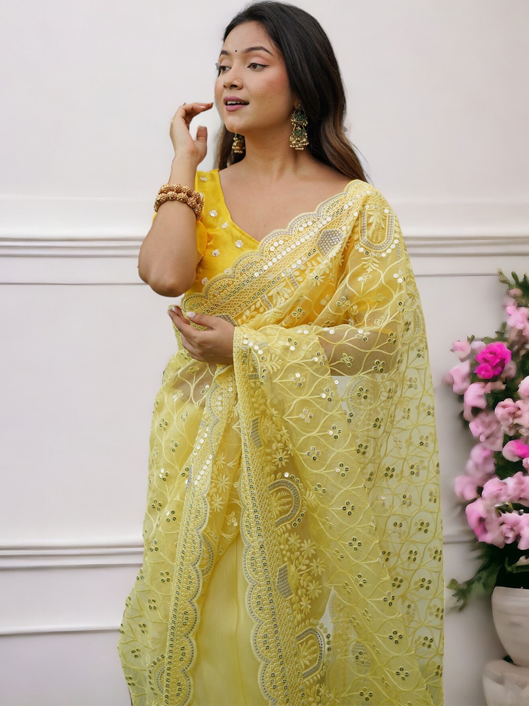 

Vastrasky Global Ethnic Motifs Sequinned Organza Saree, Yellow