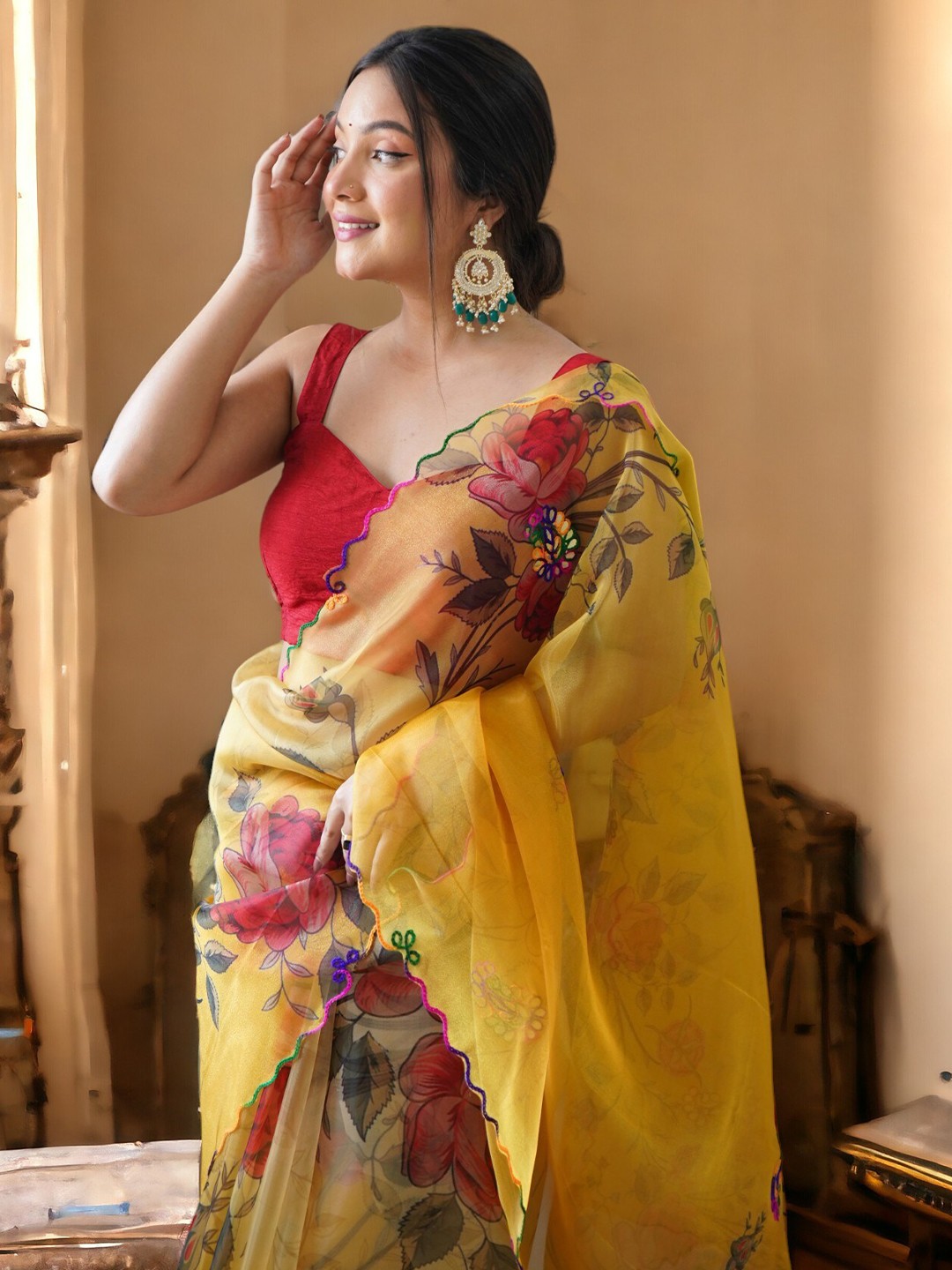 

Vastrasky Global Ethnic Motifs Embroidered Organza Designer Saree, Yellow
