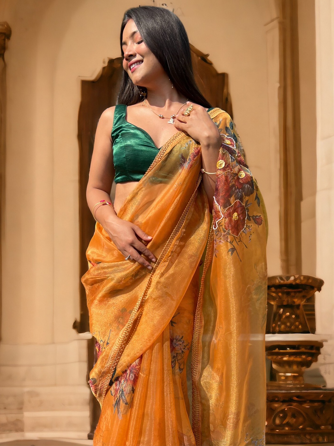 

Vastrasky Global Ethnic Motifs Embroidered Organza Saree, Yellow