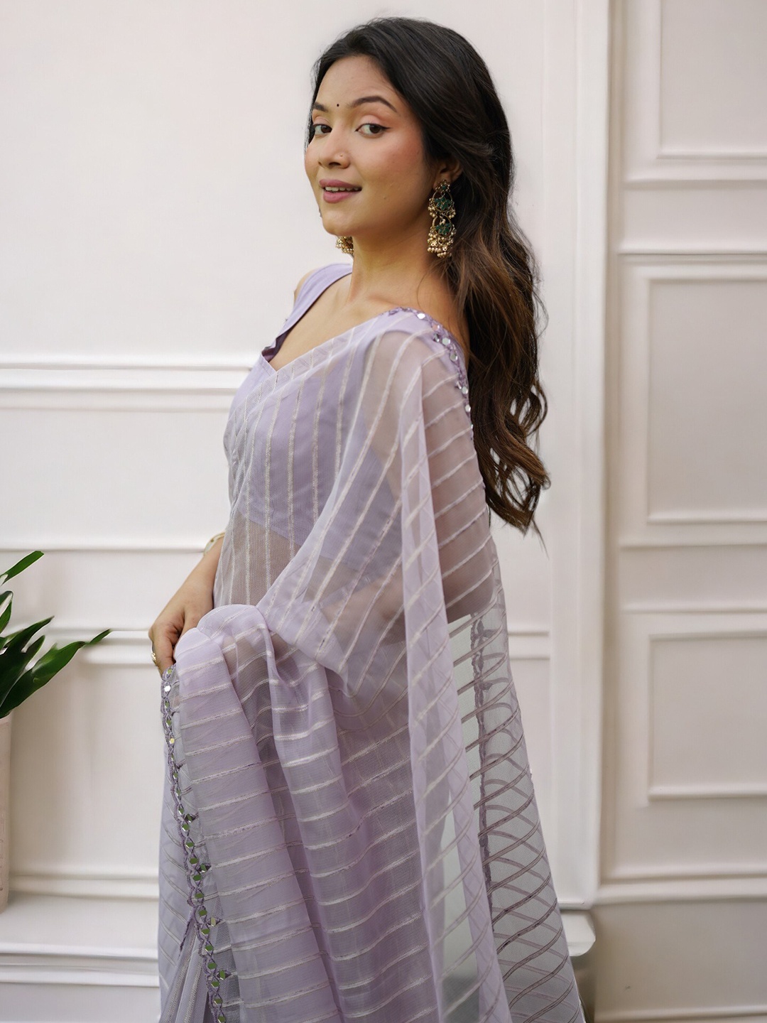

Vastrasky Global Striped Sequinned Organza Saree, Lavender