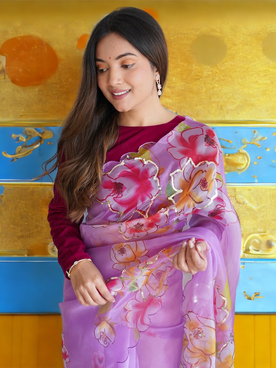 

Vastrasky Global Floral Sequinned Organza Designer Saree, Lavender