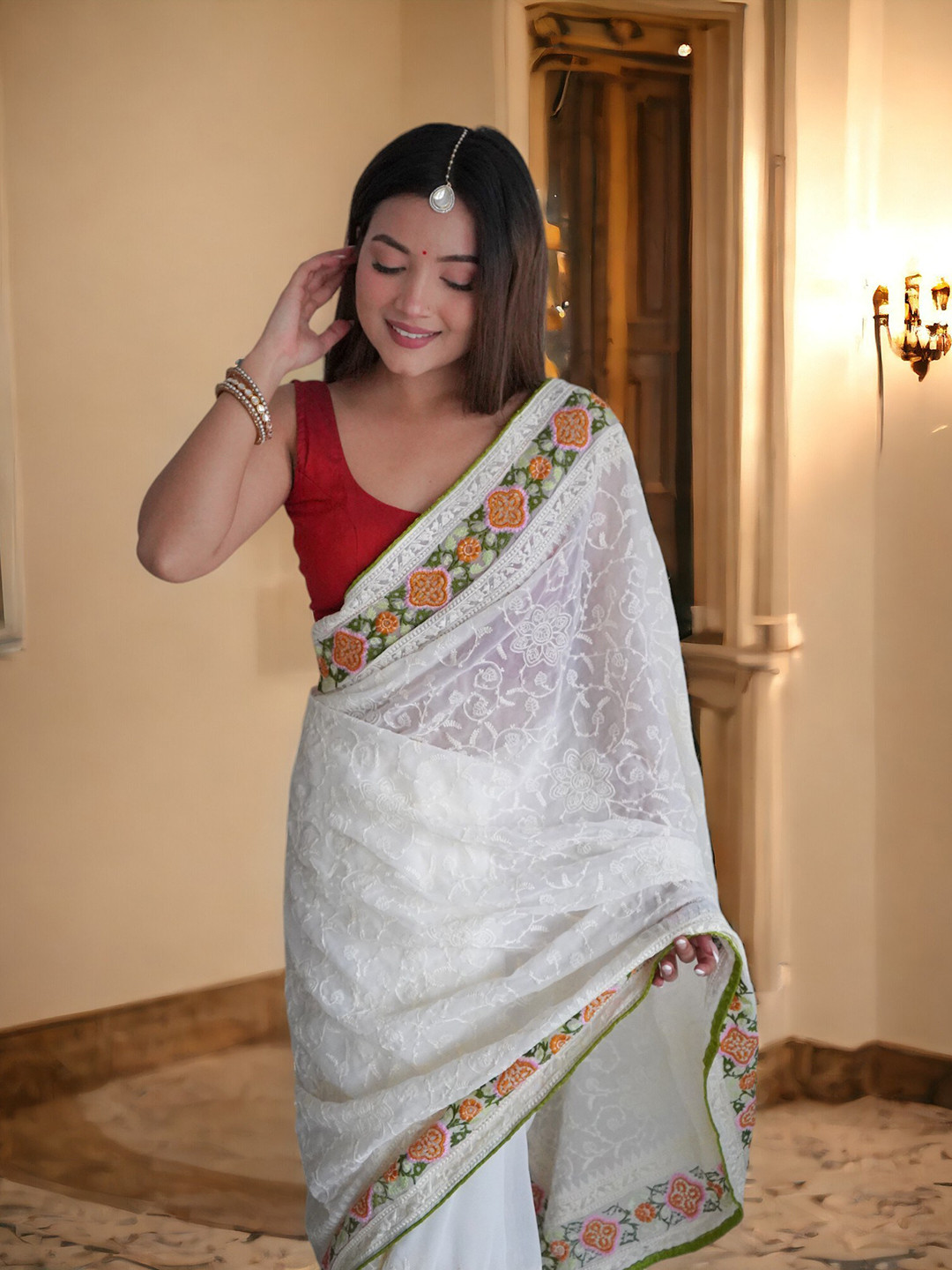 

Vastrasky Global Floral Embroidered Organza Saree, White