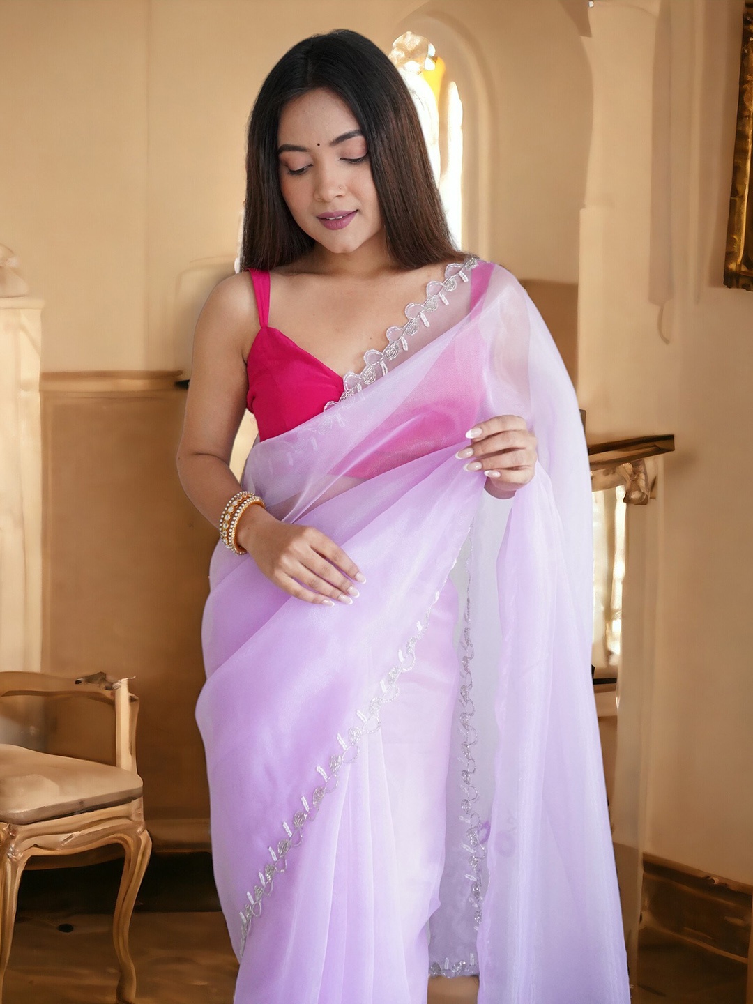 

Vastrasky Global Embroidered Organza Saree, Lavender