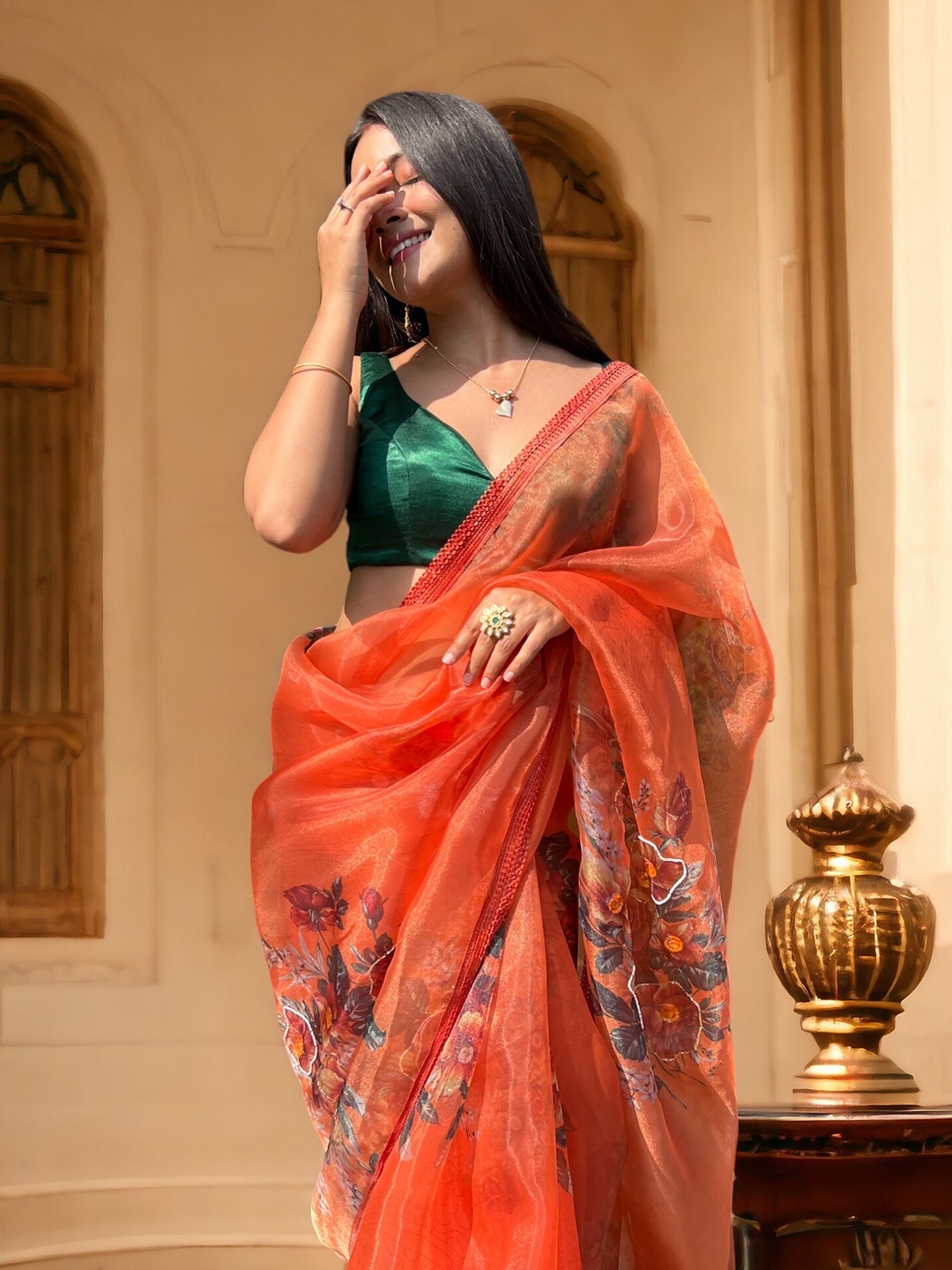 

Vastrasky Global Ethnic Motifs Embroidered Organza Saree, Orange