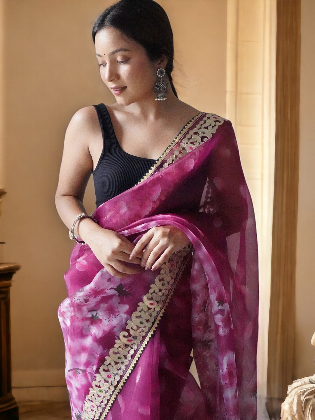 

Vastrasky Global Ethnic Motifs Embroidered Organza Saree, Magenta