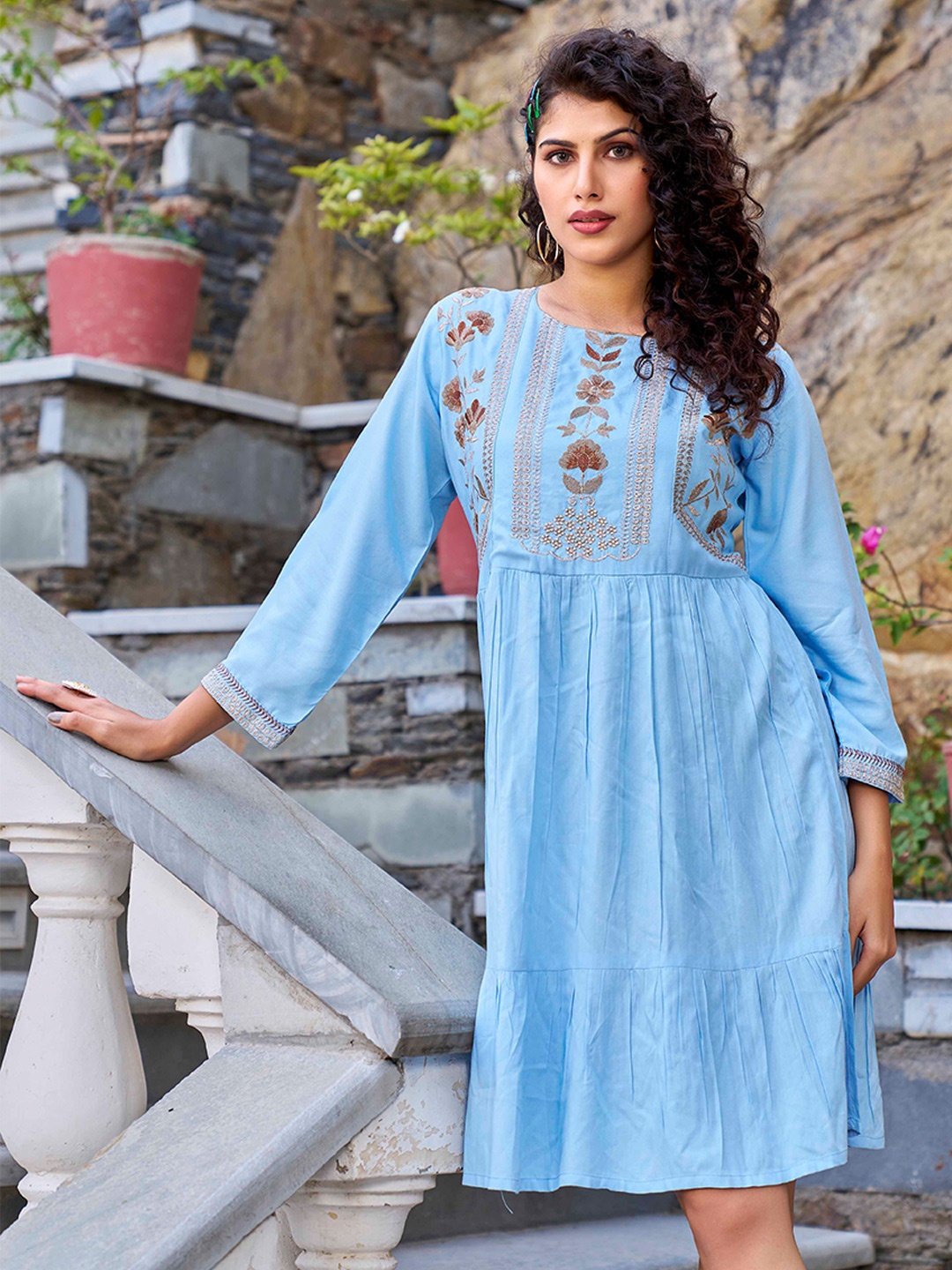 

Puretouch Ethnic Motifs Embroidered A-Line Dress, Turquoise blue