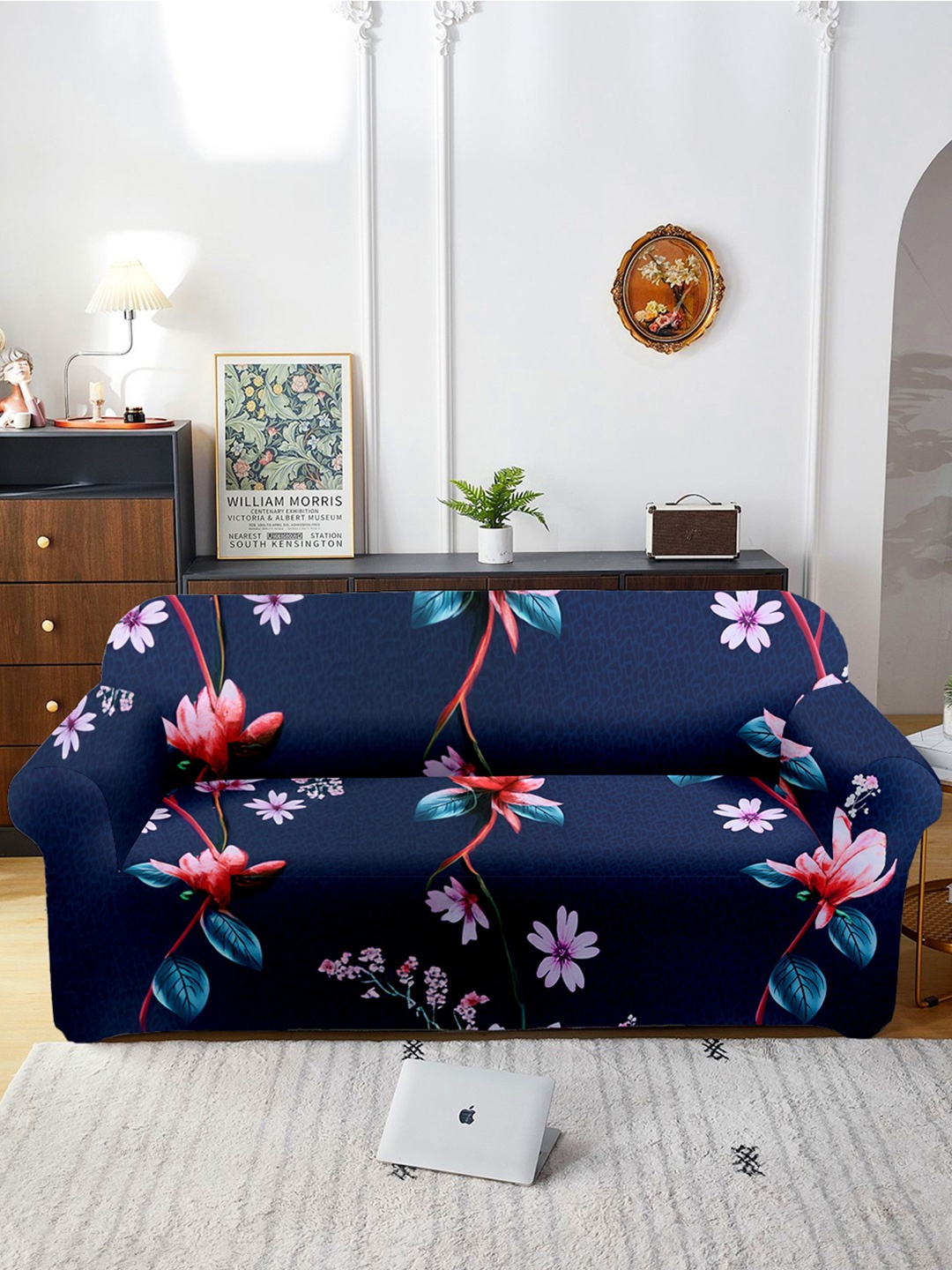 

Aura Blue & White Printed Three Seater Sofa Cover With Arms