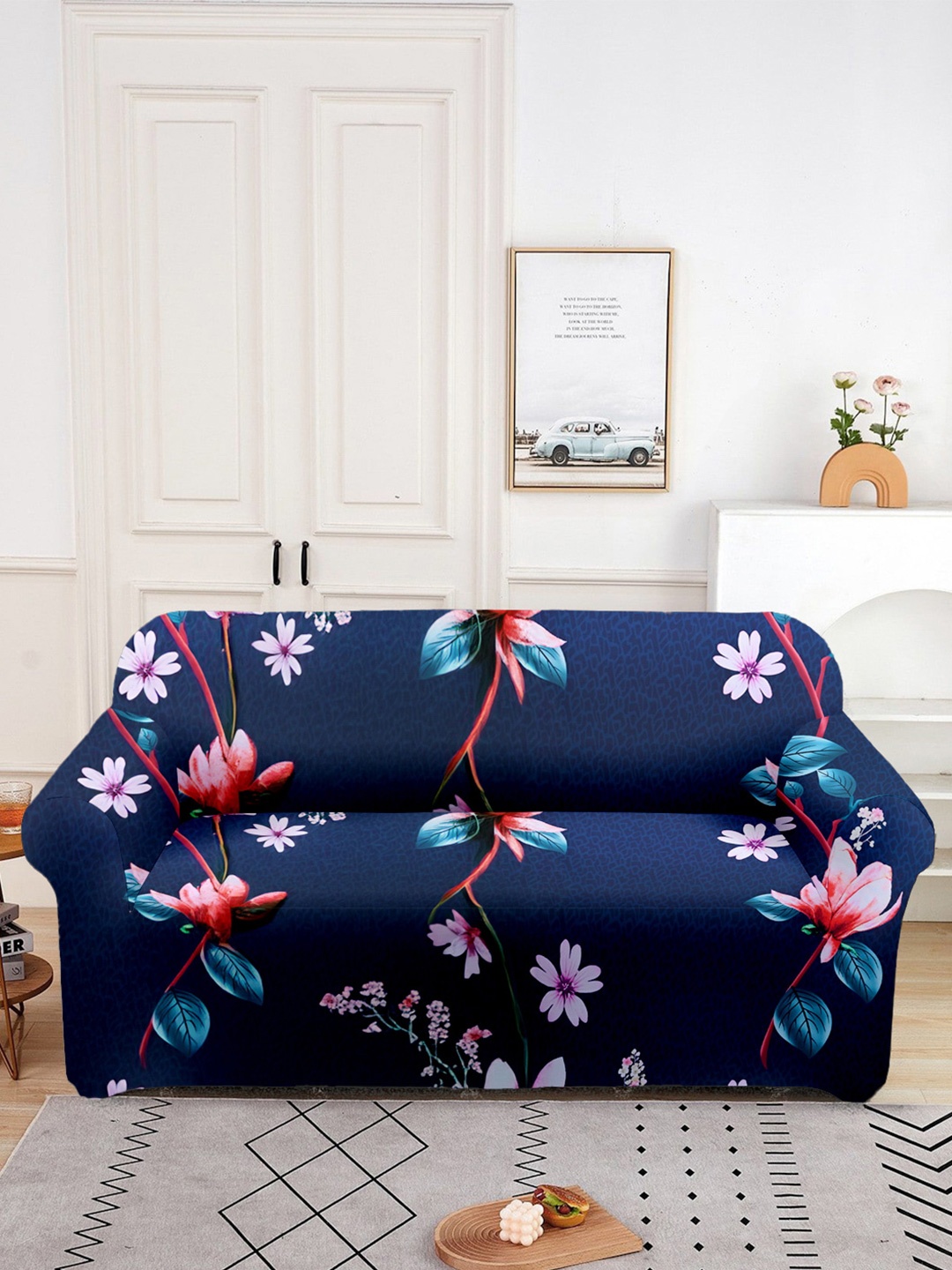 

Aura Blue & Purple Printed Double Seater Sofa Cover With Arms