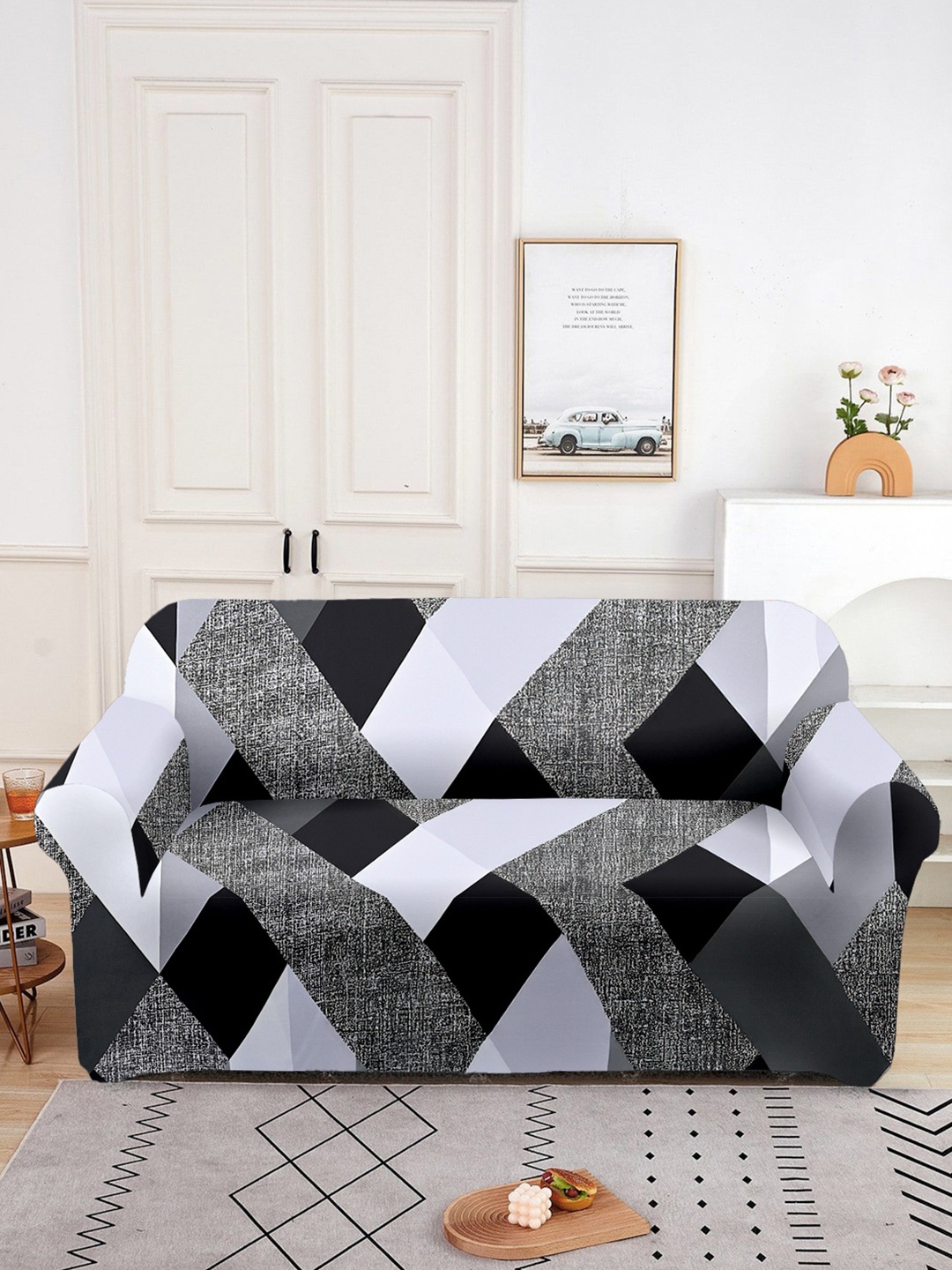 

Aura White & Grey Printed Double Seater Sofa Cover With Arms