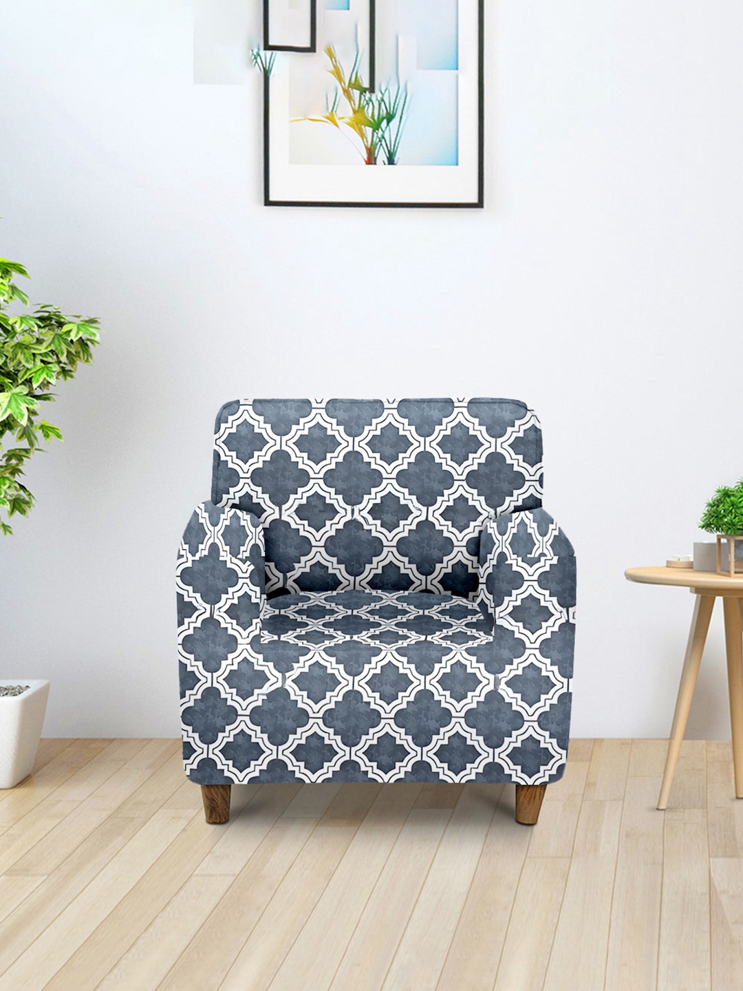 

Aura Grey & White Printed Single Seater Sofa Cover With Arms