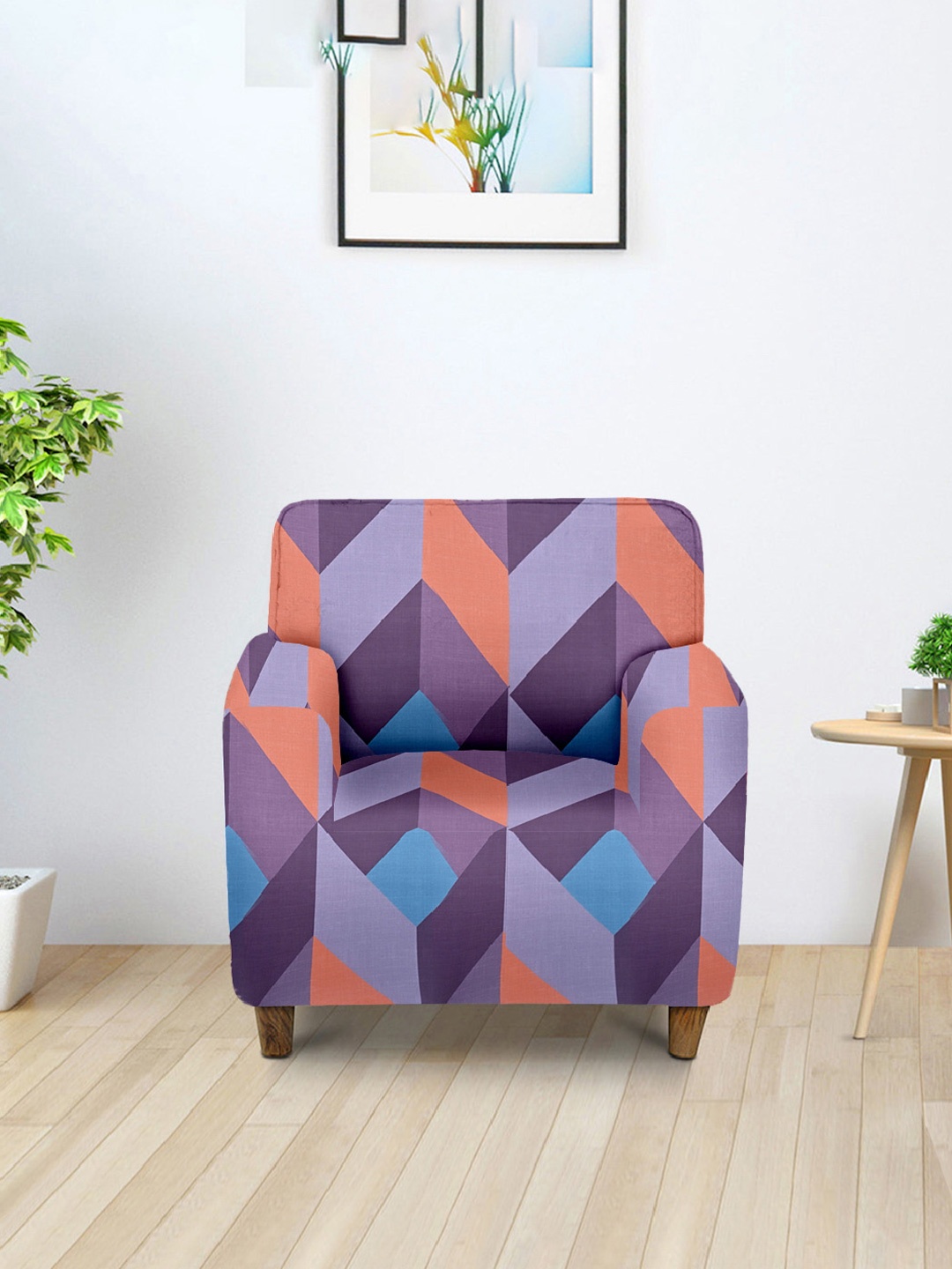 

Aura Purple & Blue Printed Single Seater Sofa Cover With Arms