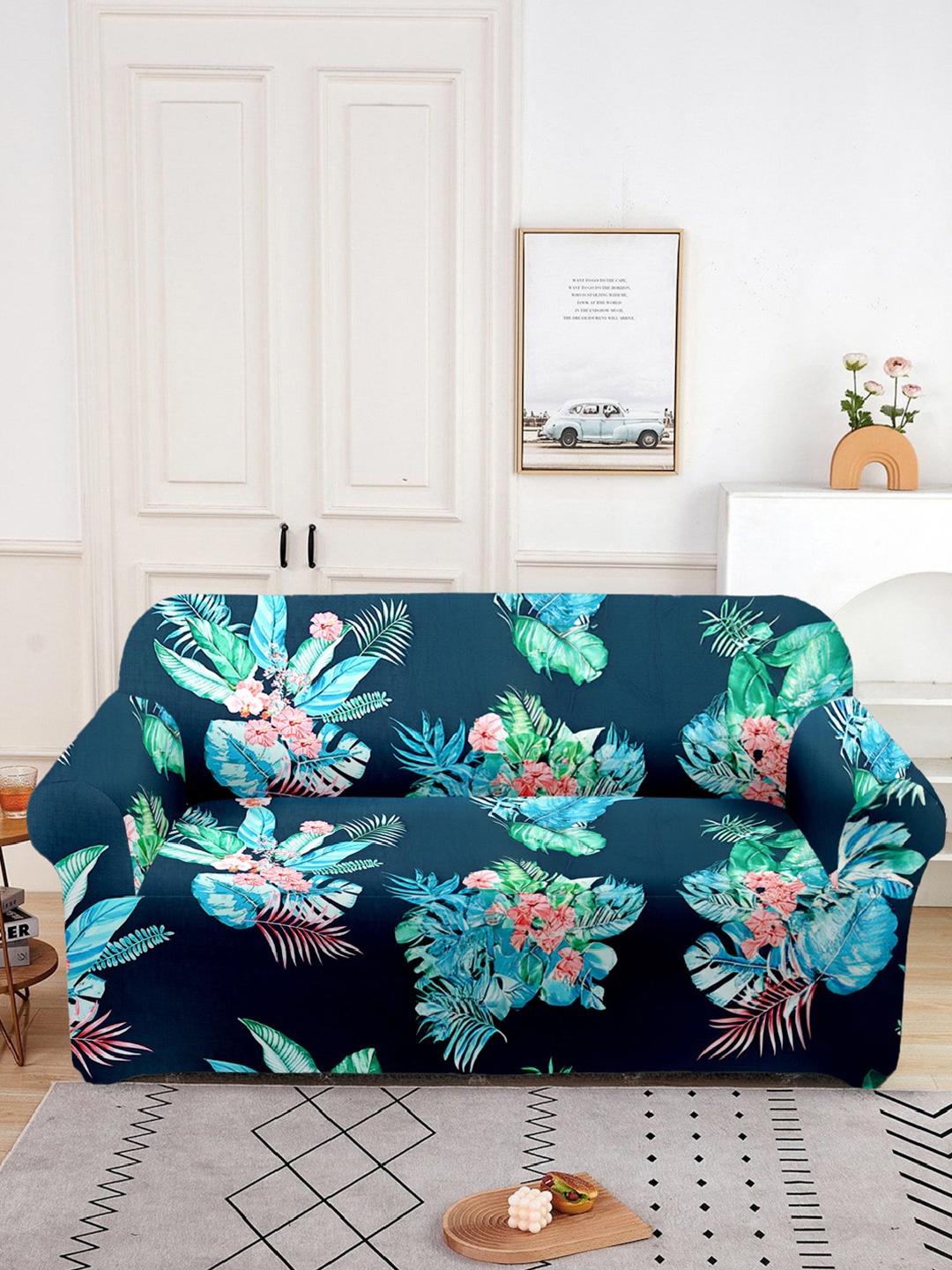 

Aura Green Printed Double Seater Sofa Cover With Arms