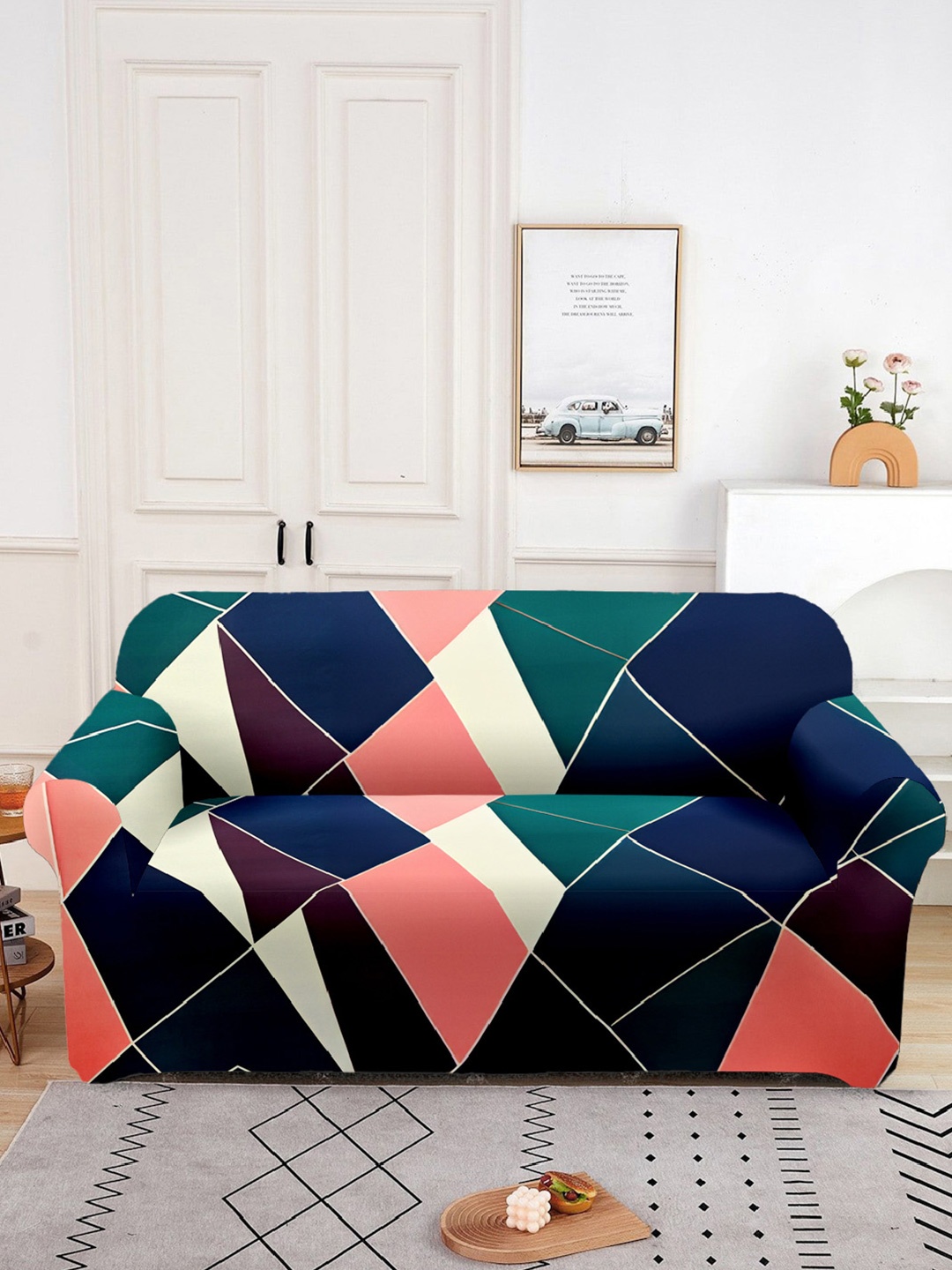 

Aura Blue & White Printed Double Seater Sofa Cover With Arms