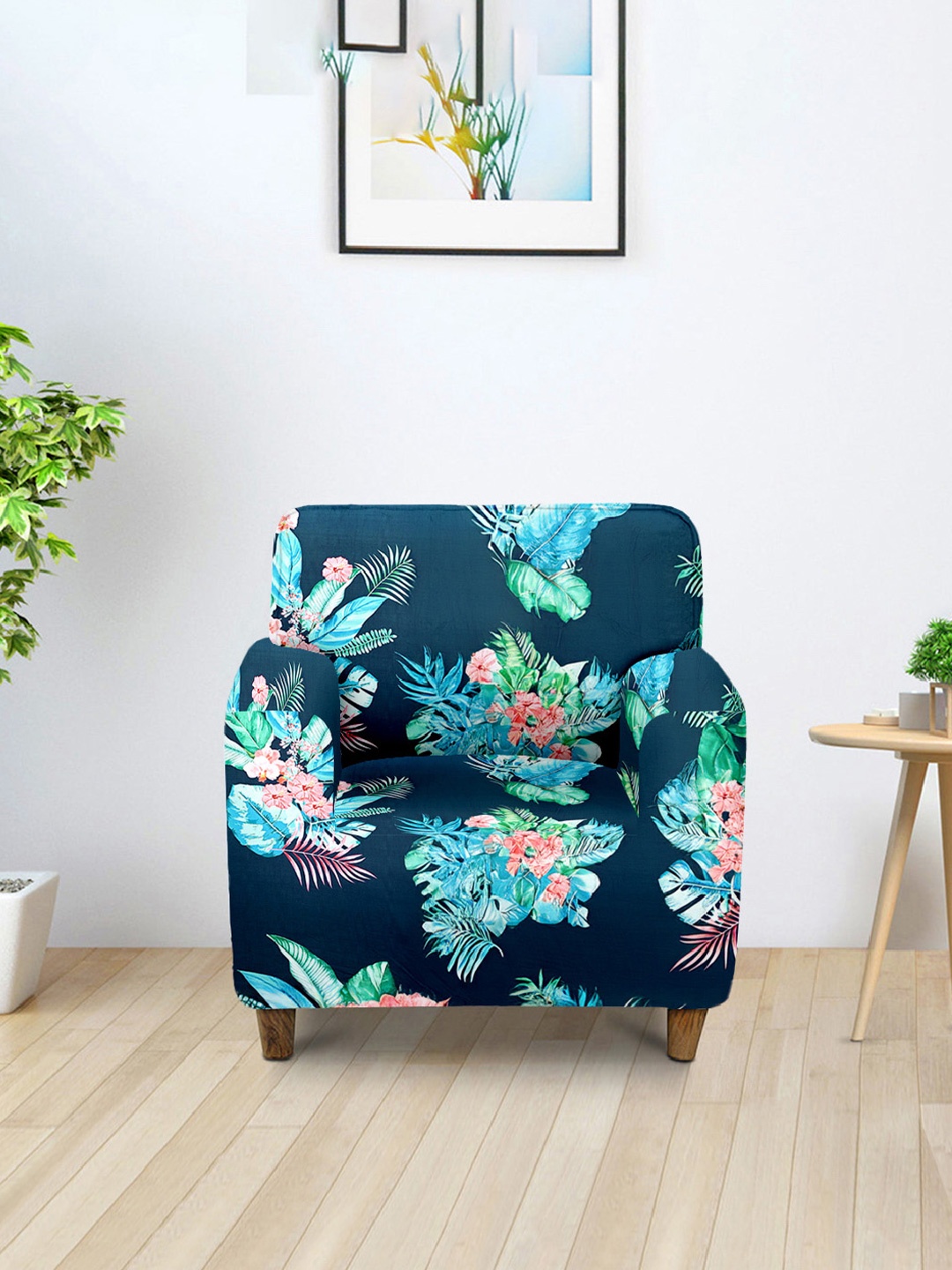

Aura Green & Blue Printed Single Seater Sofa Cover With Arms