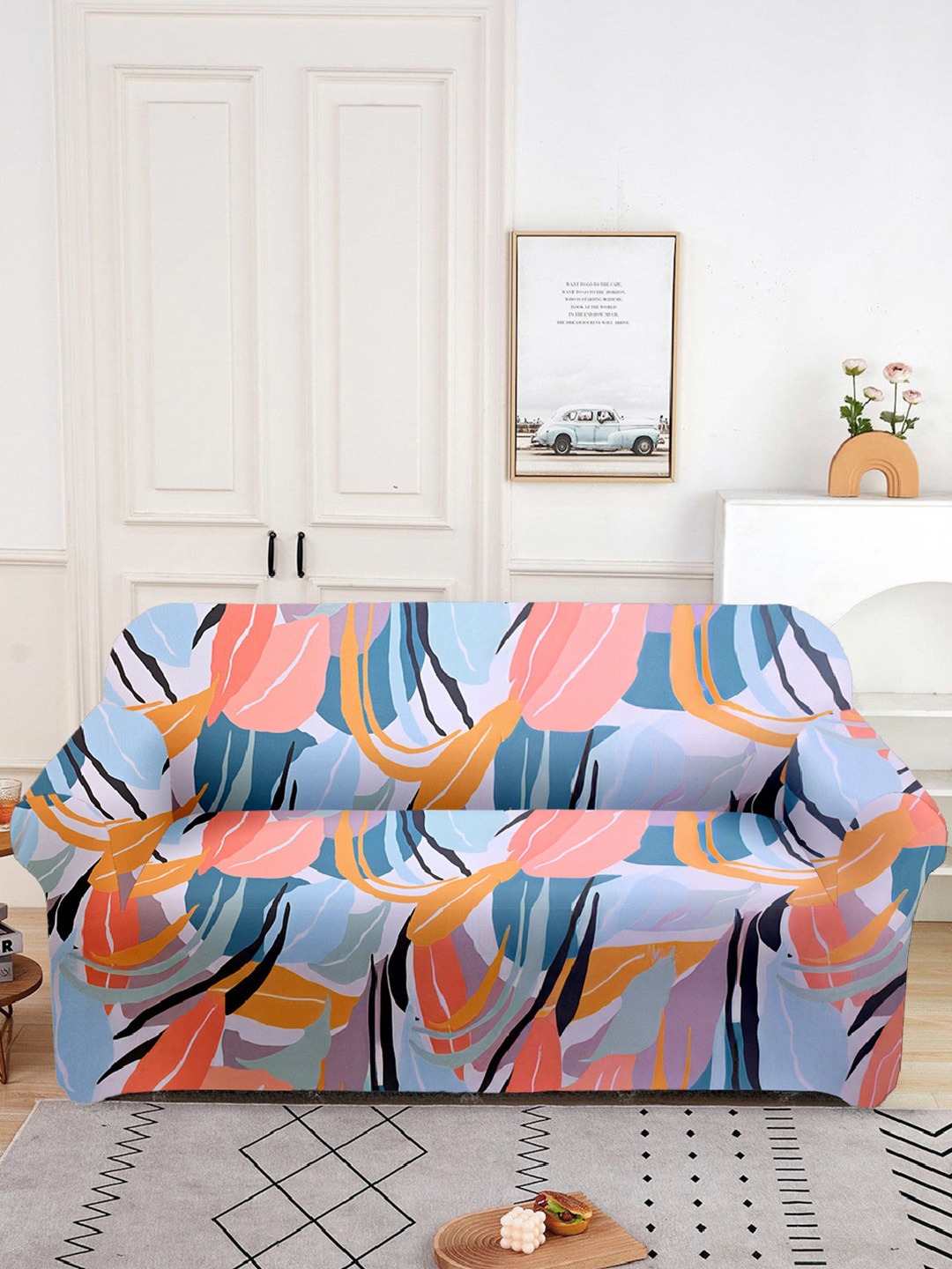 

Aura Peach & Blue Printed 2 Seater Sofa Cover With Arms